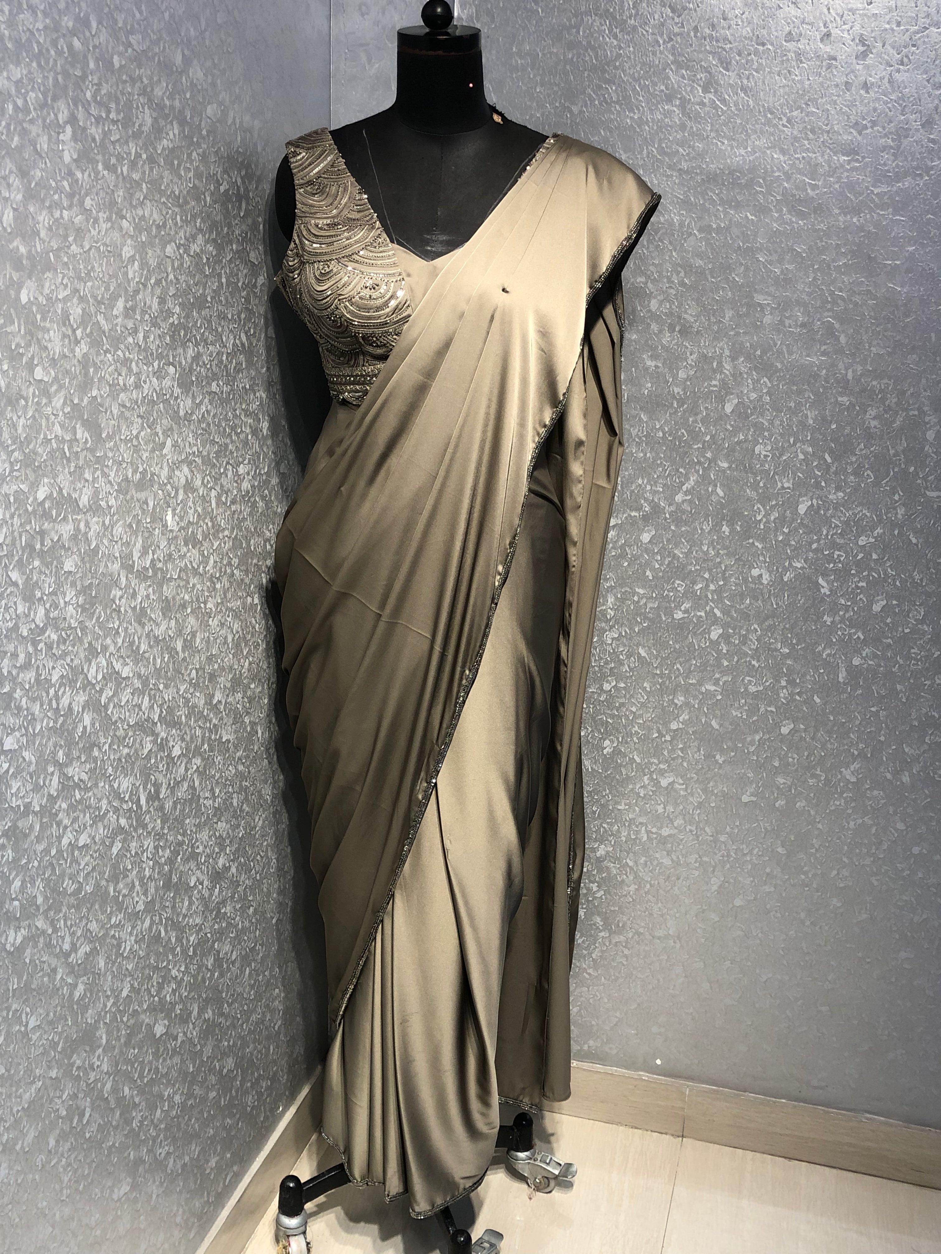 GREIGE SATIN DRAPED SAREE