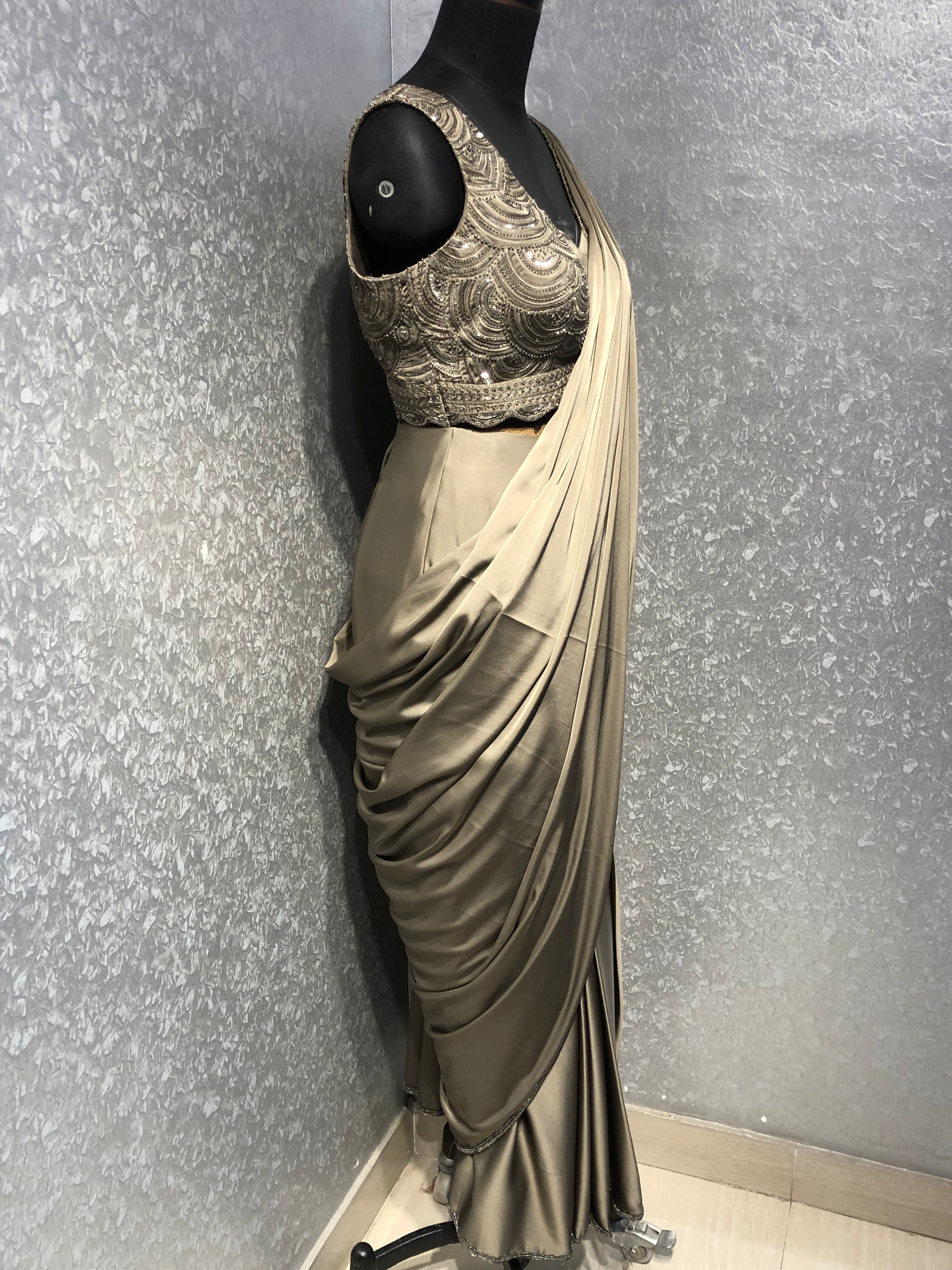 GREIGE SATIN DRAPED SAREE