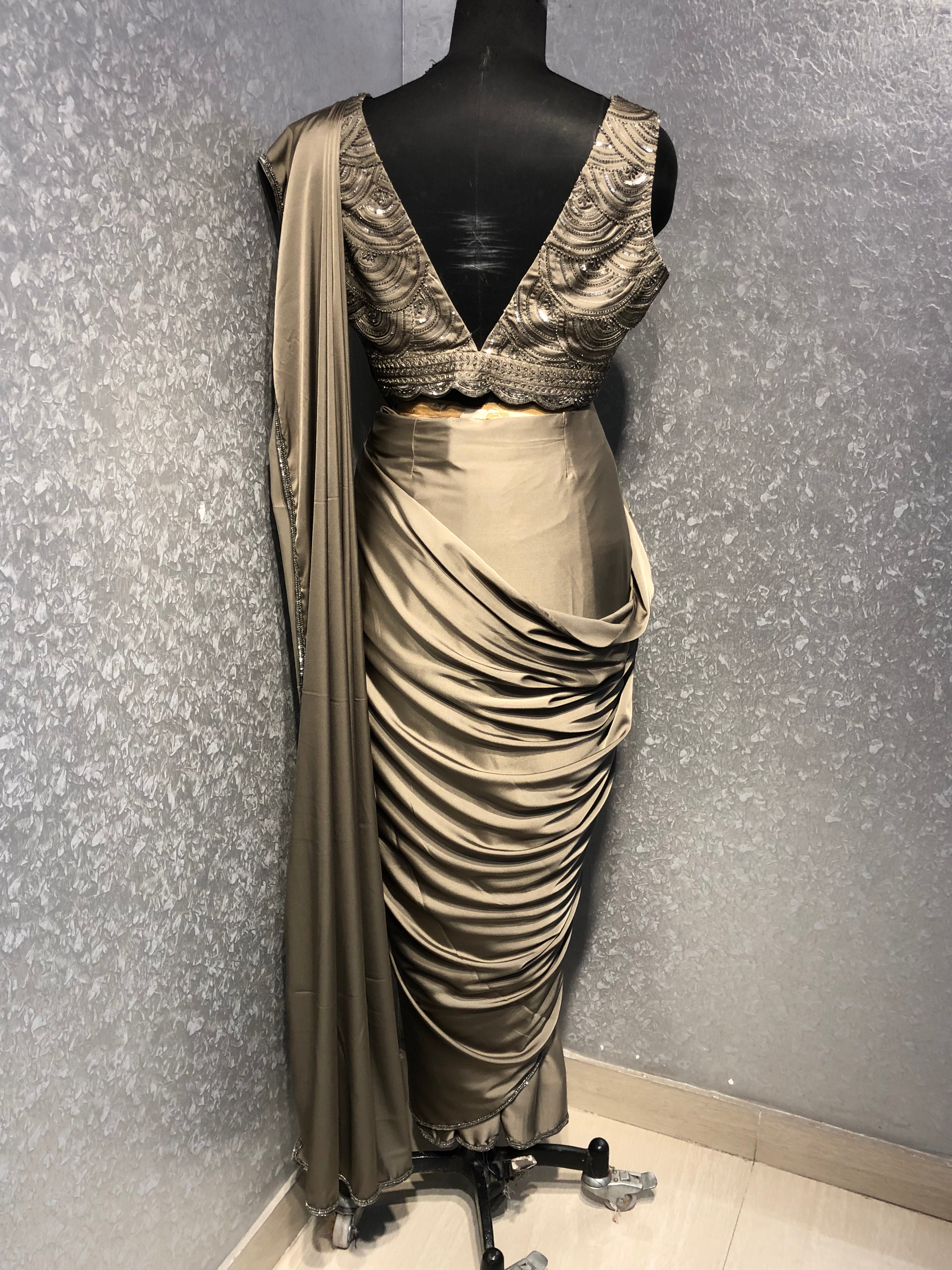 GREIGE SATIN DRAPED SAREE