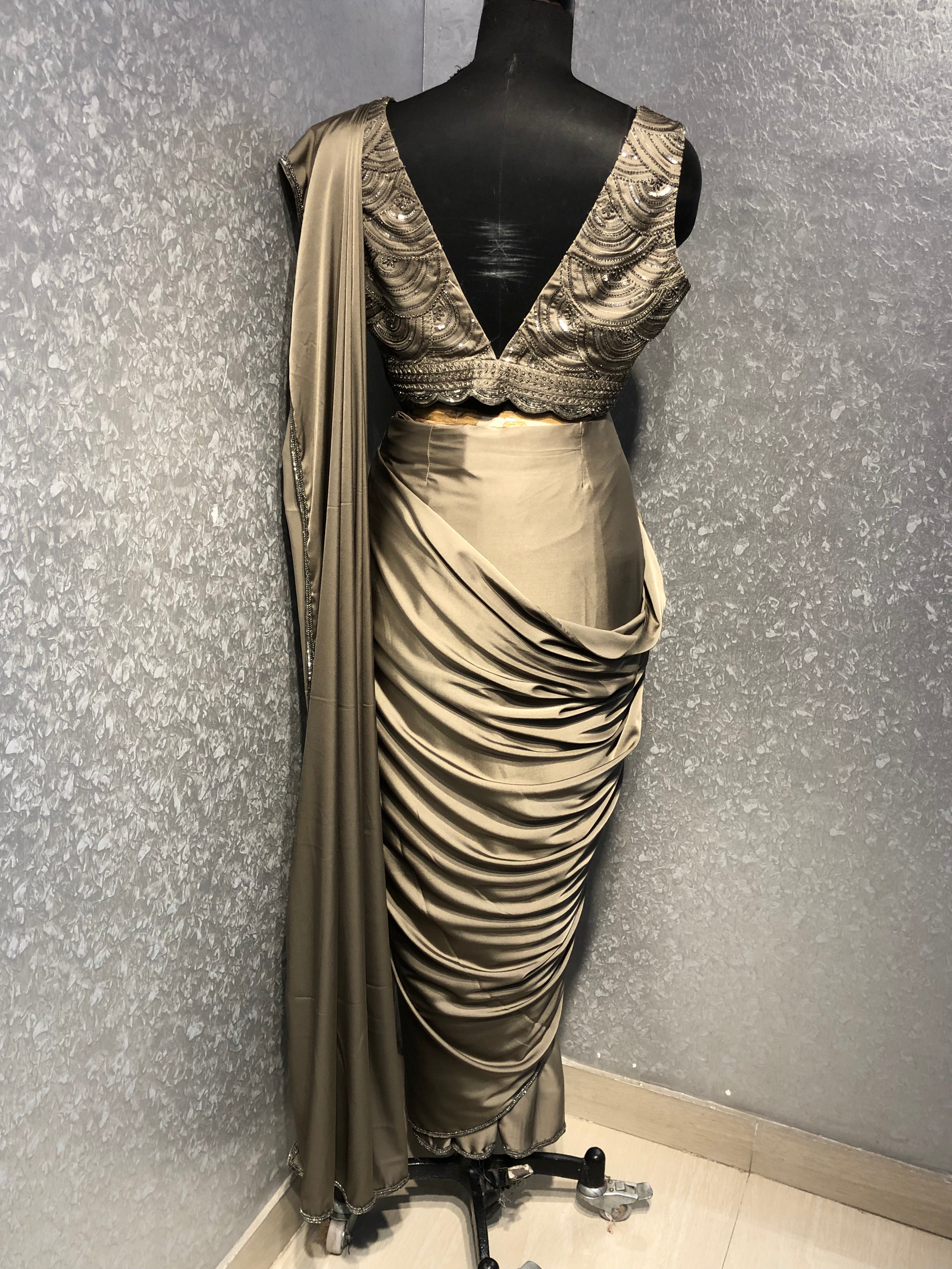 GREIGE SATIN DRAPED SAREE