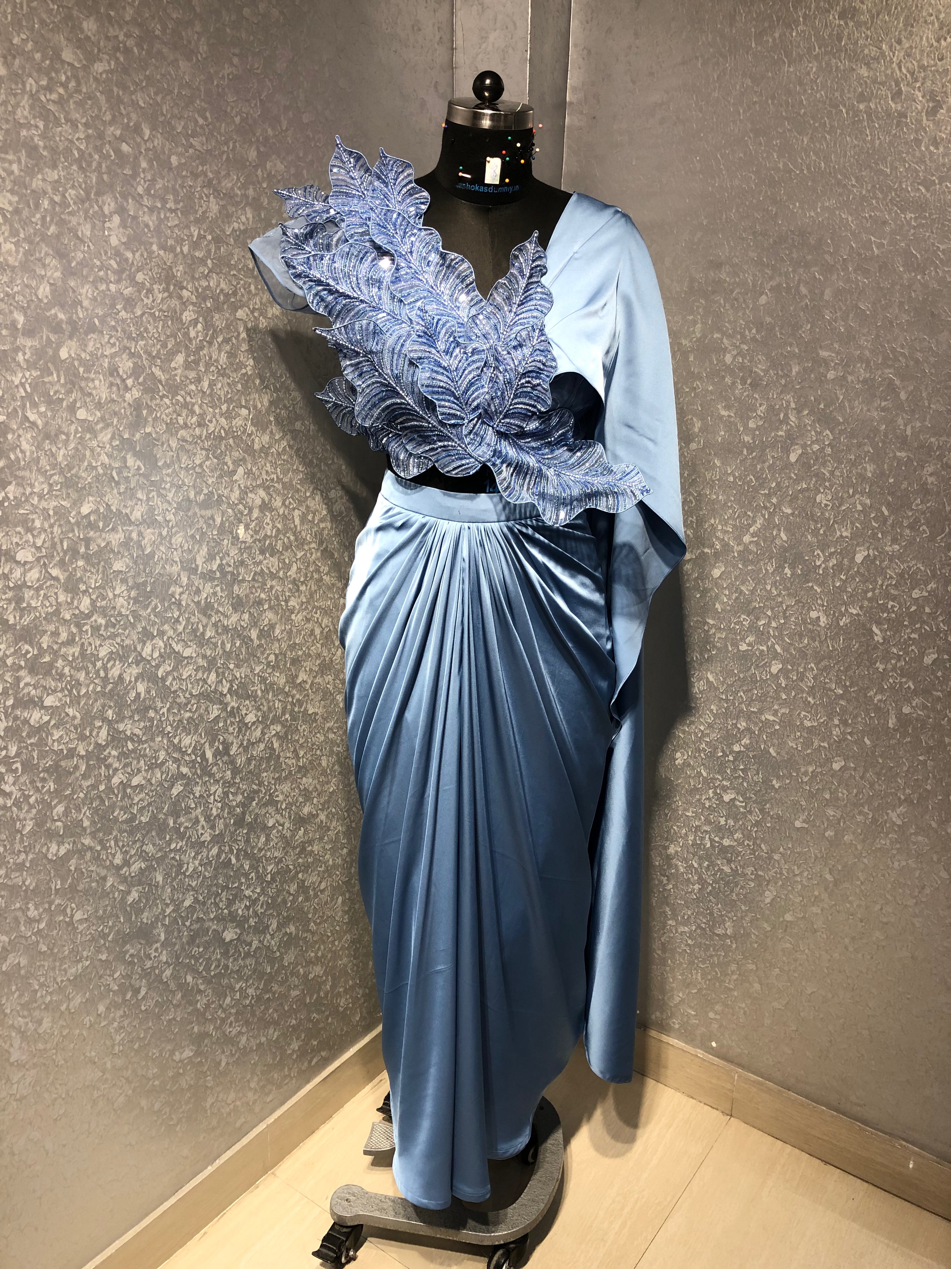 ICE BLUE 3D APPLIQUE WORK DRAPED SAREE