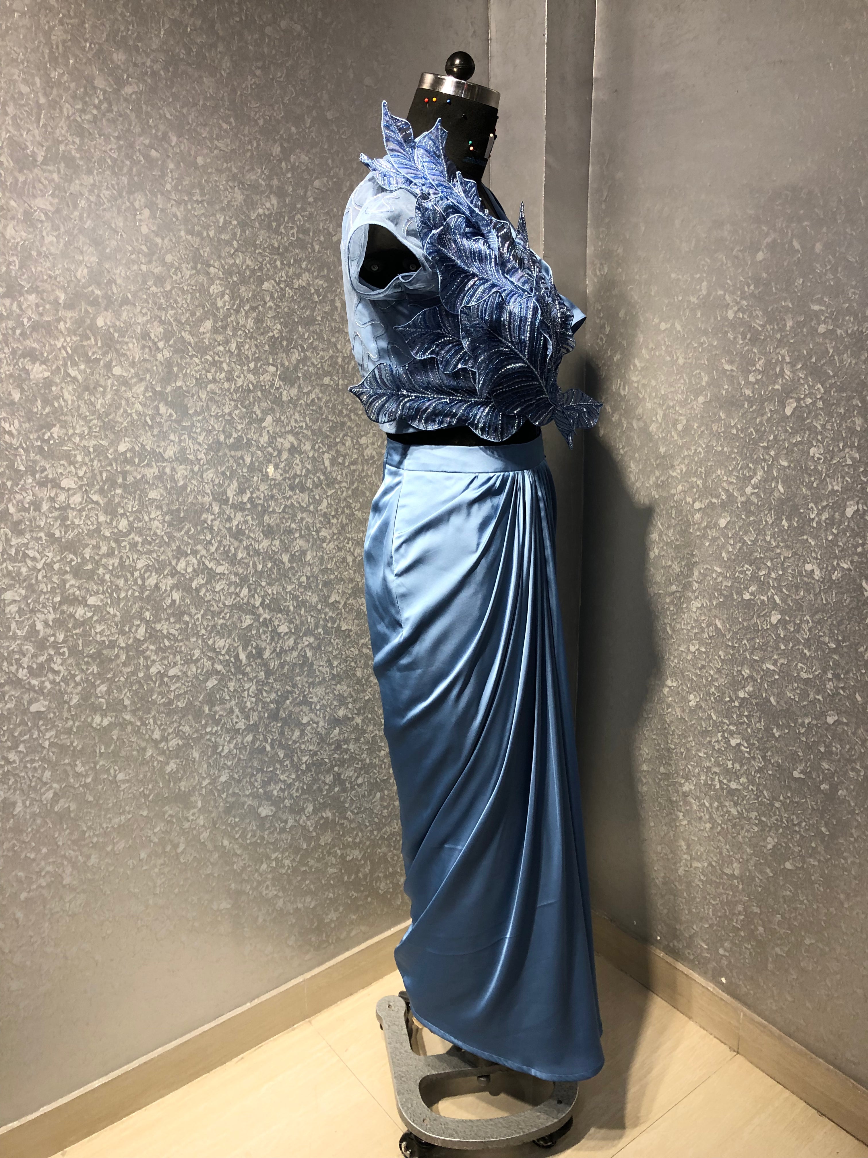 ICE BLUE 3D APPLIQUE WORK DRAPED SAREE