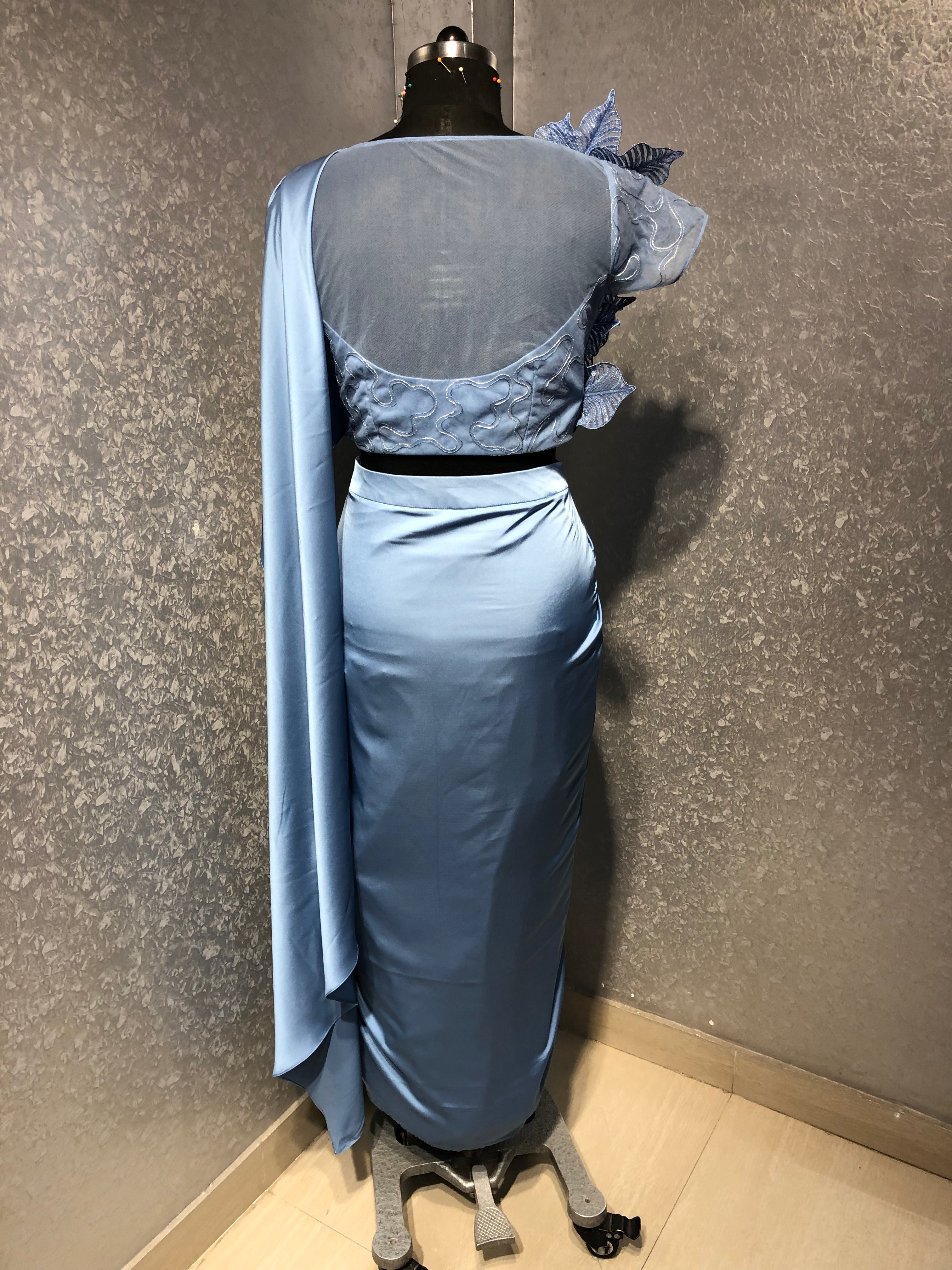 ICE BLUE 3D APPLIQUE WORK DRAPED SAREE