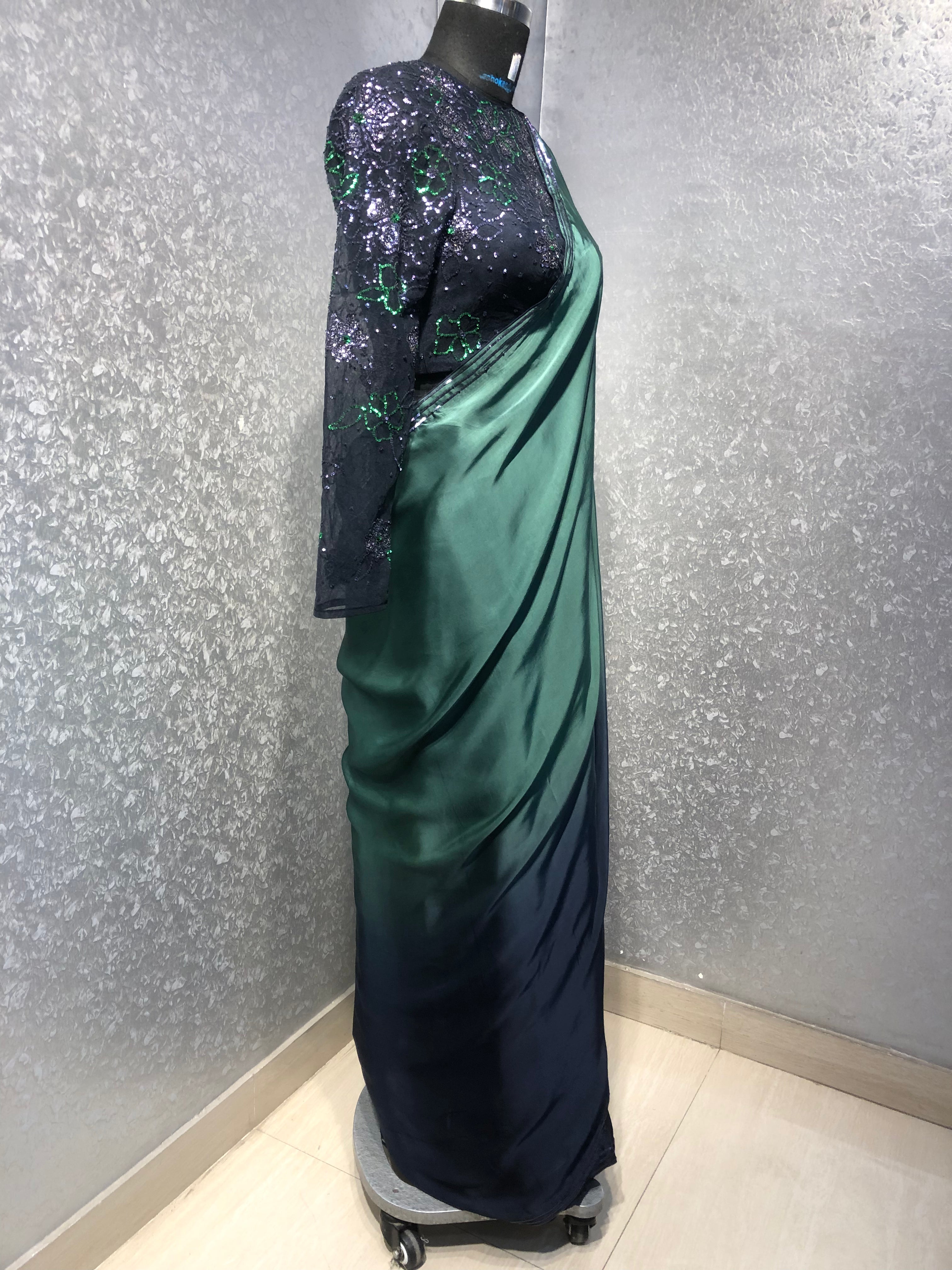 OMBRE SATIN SAREE WITH EMBROIDERED FULL SLEEVES BLOUSE