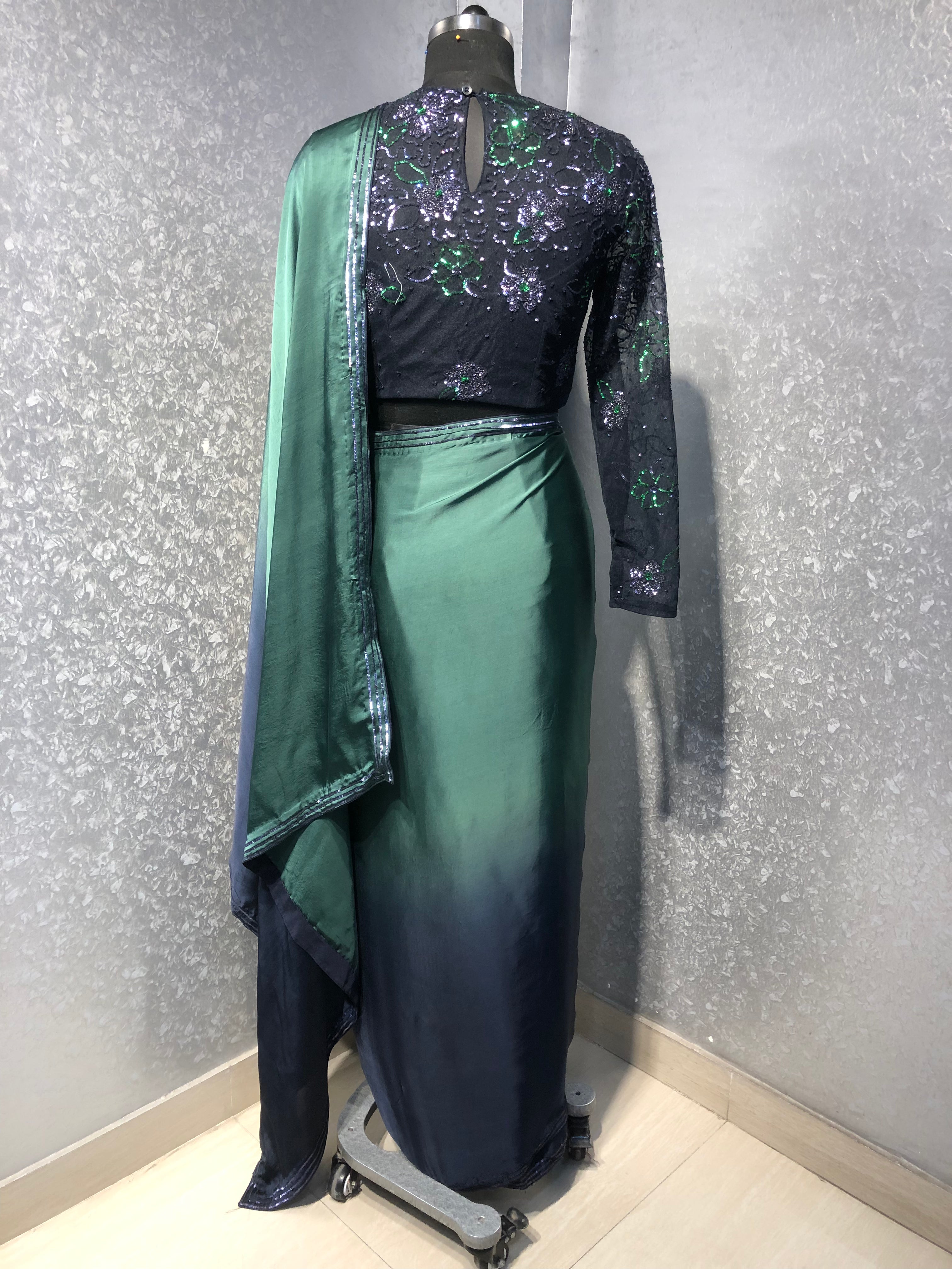 OMBRE SATIN SAREE WITH EMBROIDERED FULL SLEEVES BLOUSE