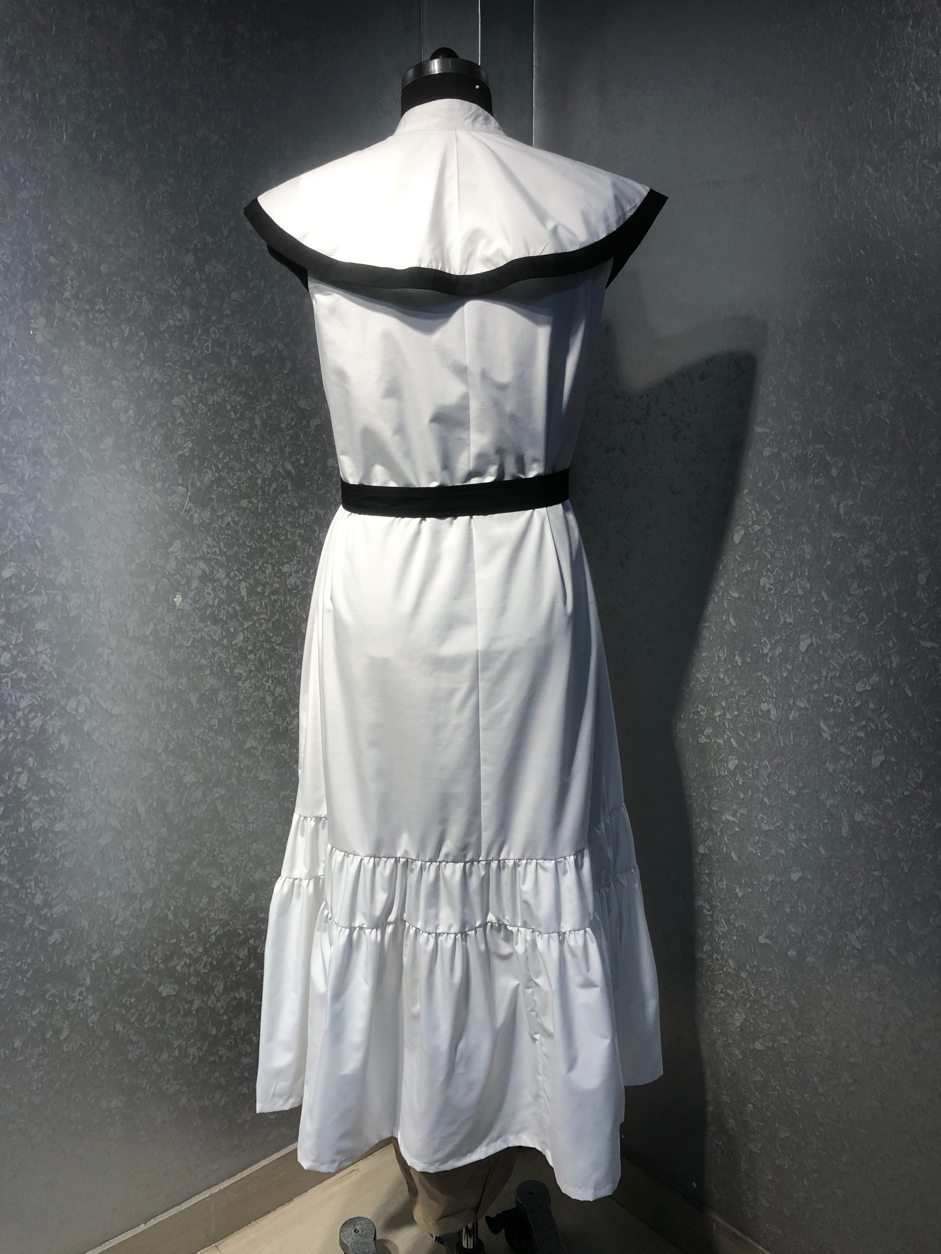 WHITE RUFFLE MIDI DRESS WITH BLACK BELT
