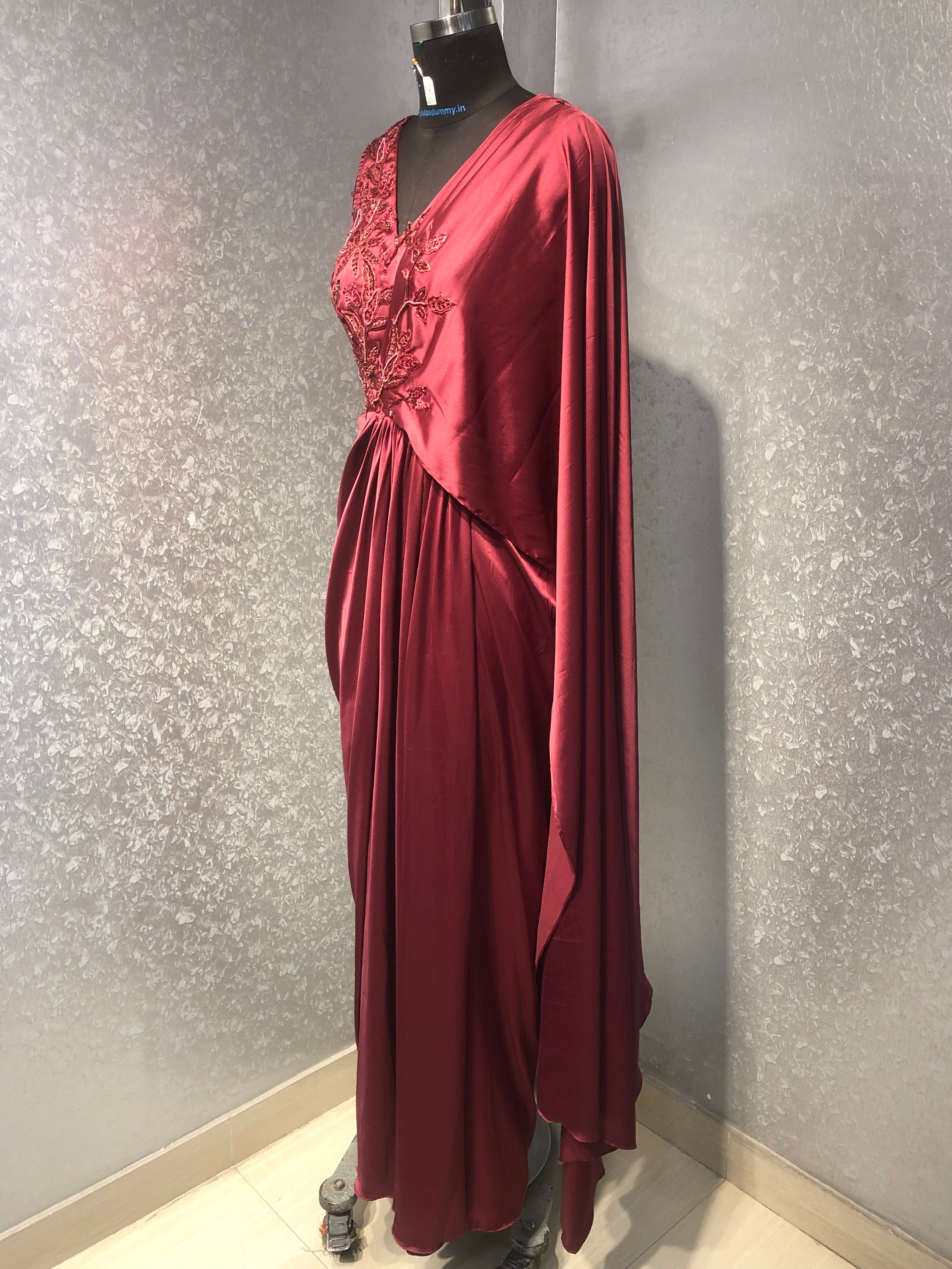 MAROON EMBROIDERED SATIN DRAPED SAREE
