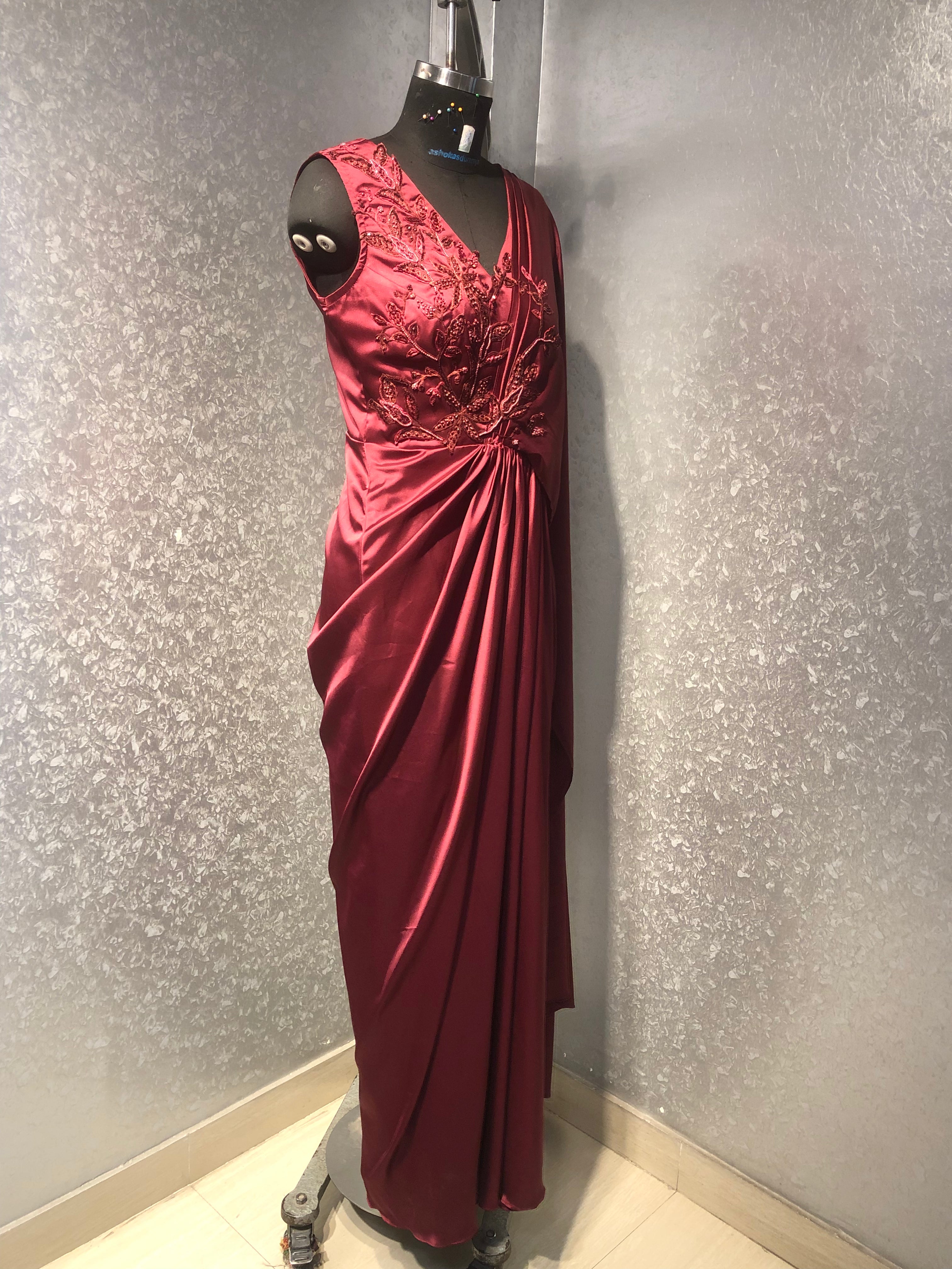 MAROON EMBROIDERED SATIN DRAPED SAREE