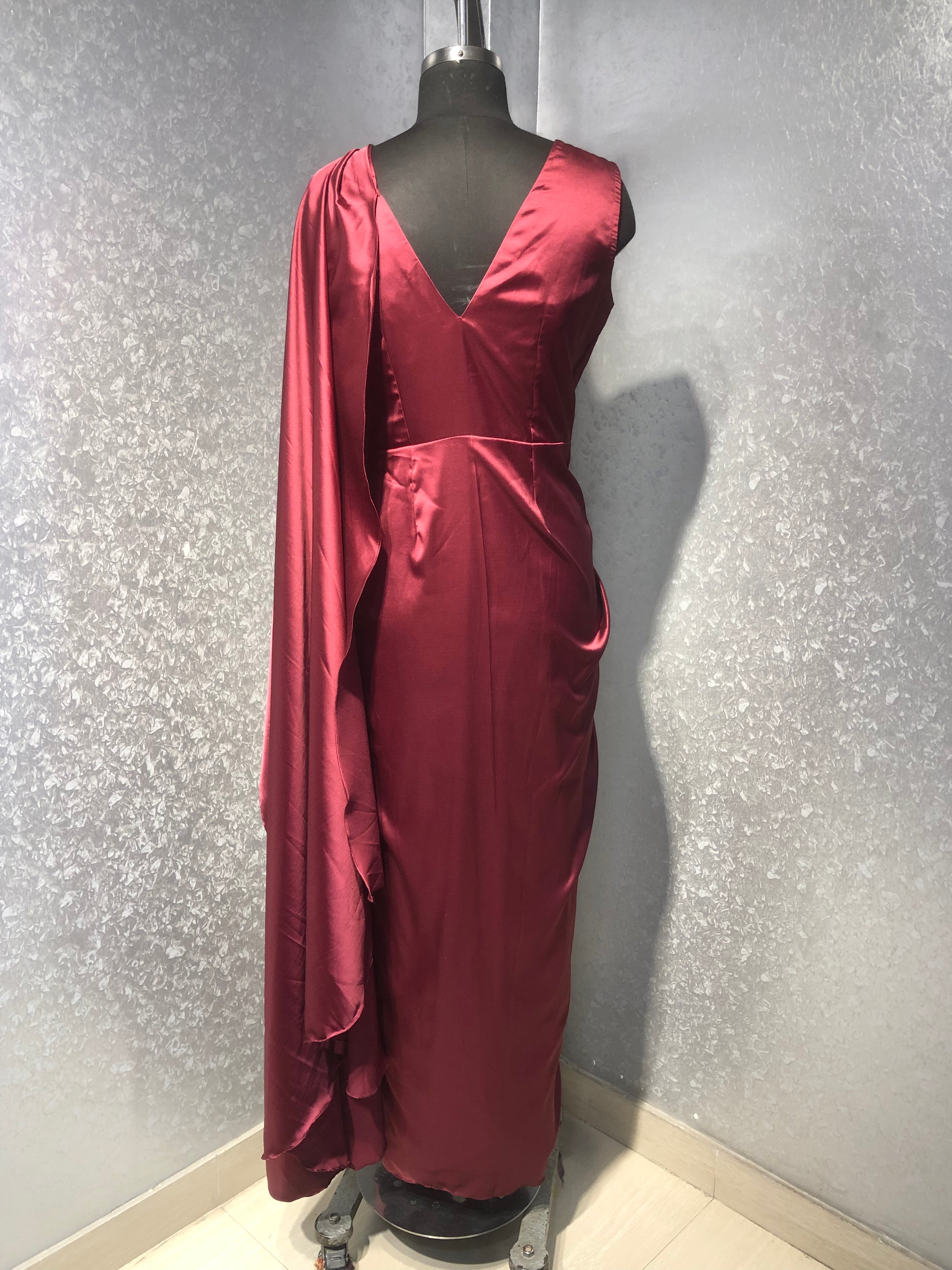 MAROON EMBROIDERED SATIN DRAPED SAREE