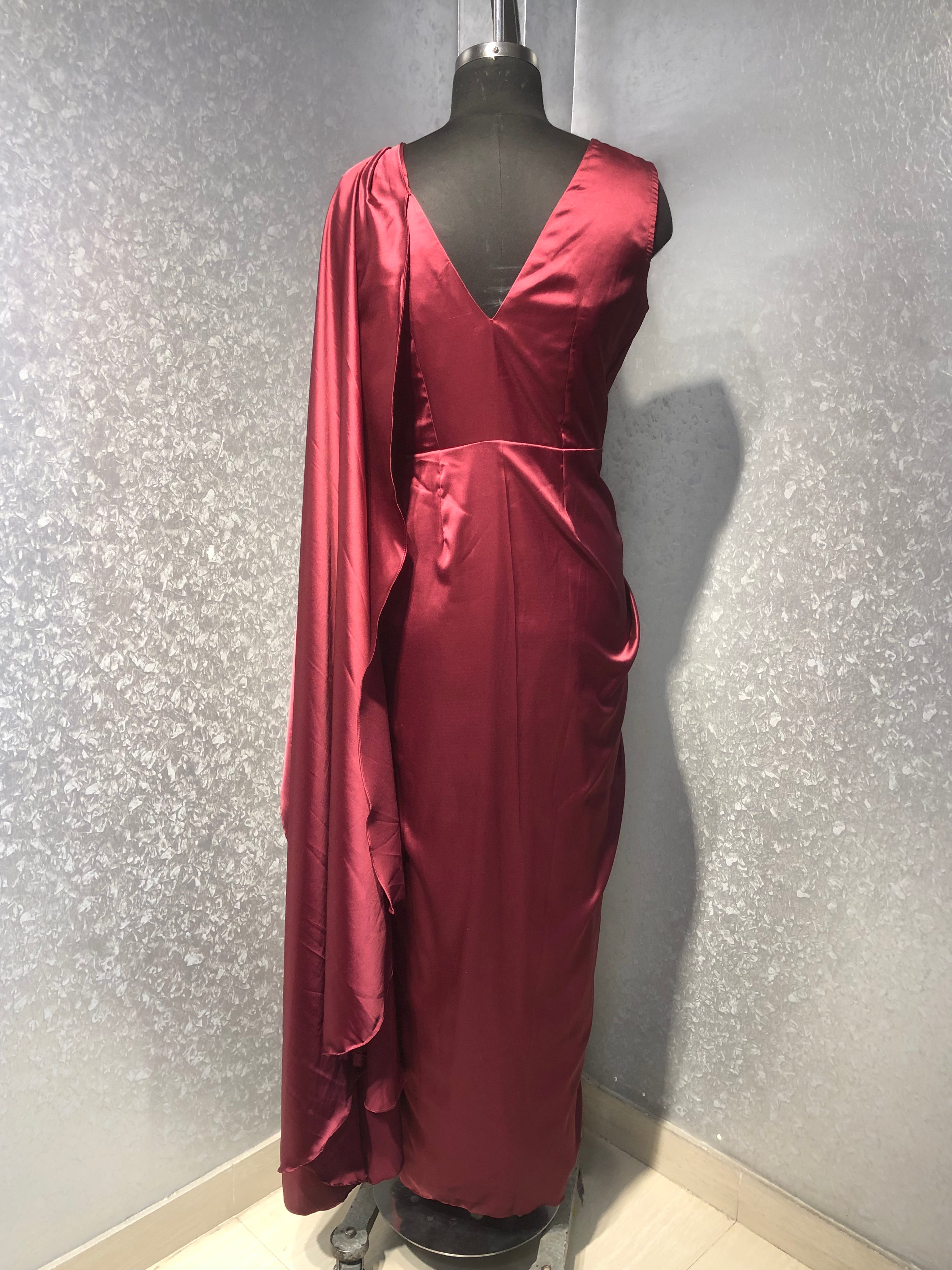 MAROON EMBROIDERED SATIN DRAPED SAREE