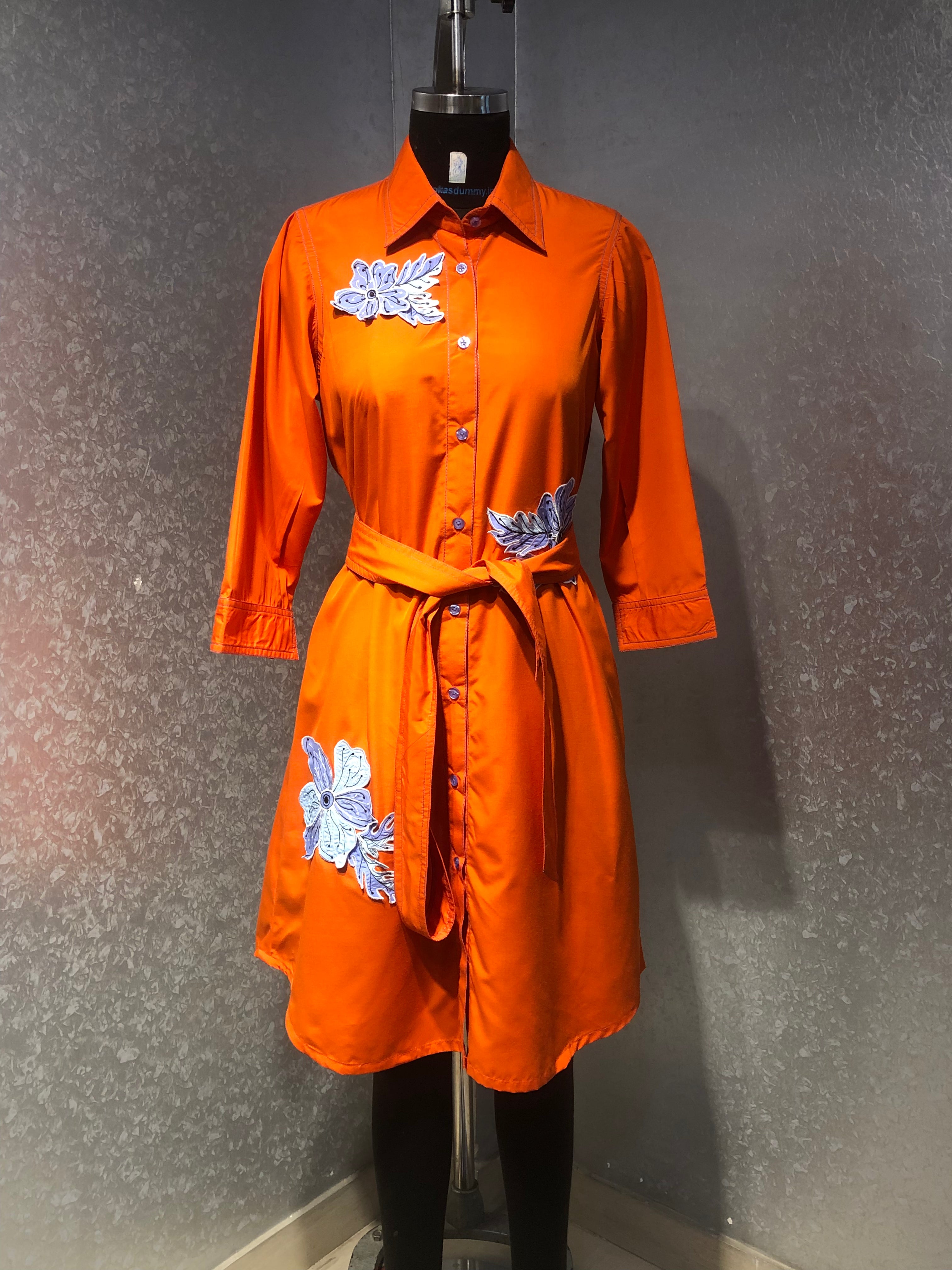ORANGE FLORAL APPLIQUE COTTON SHIRT DRESS WITH TIE UP BELT