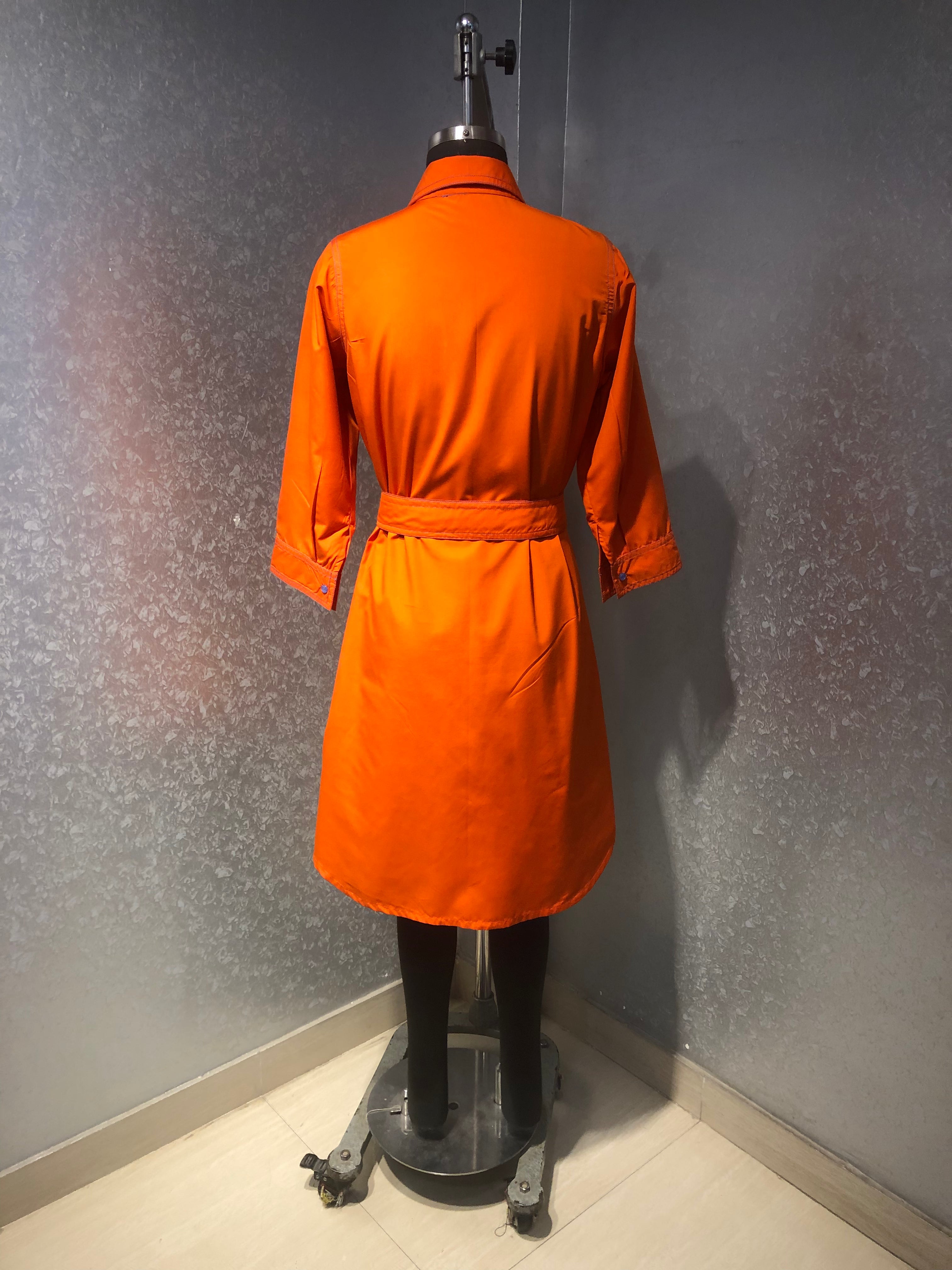 ORANGE FLORAL APPLIQUE COTTON SHIRT DRESS WITH TIE UP BELT