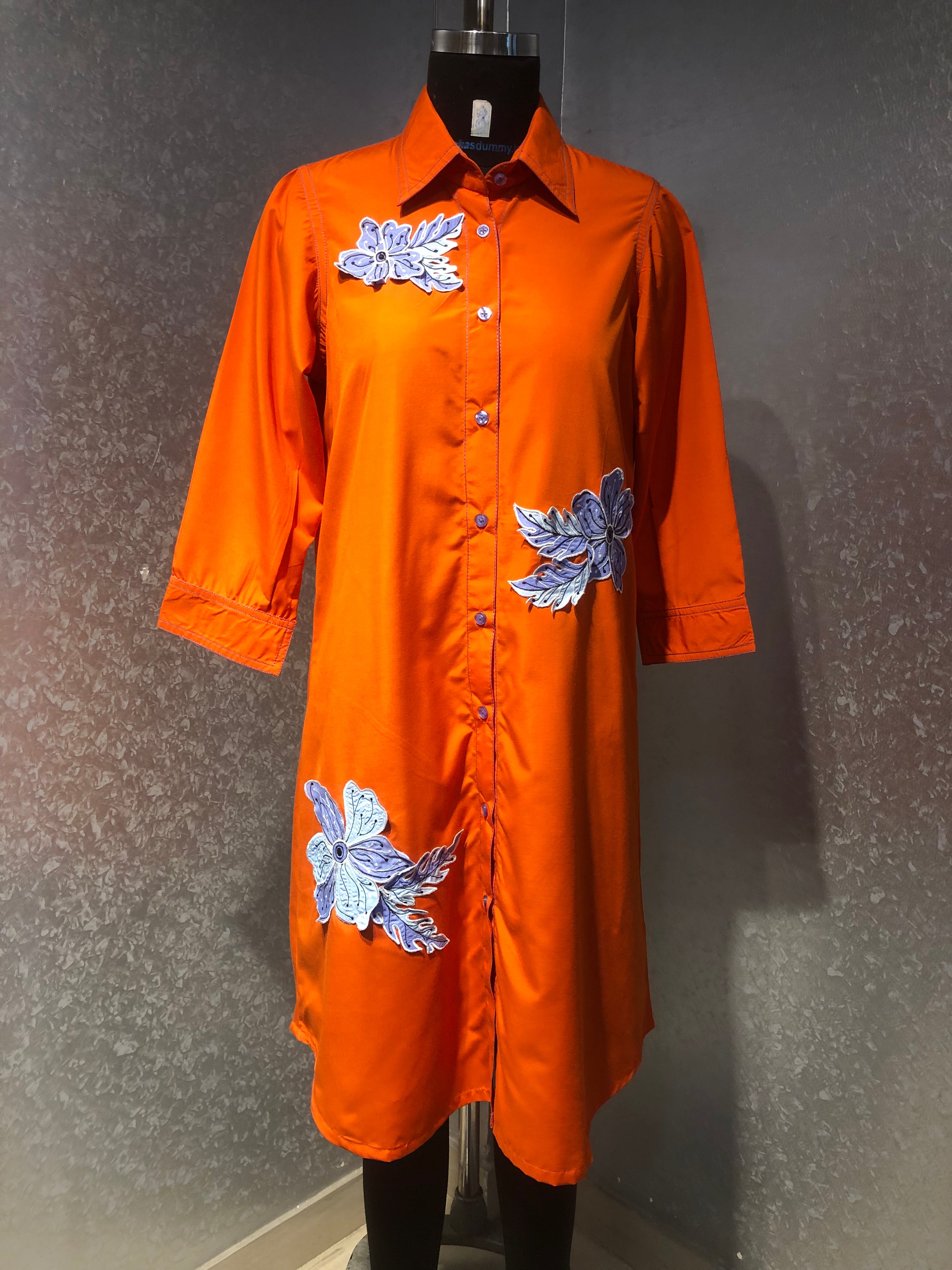 ORANGE FLORAL APPLIQUE COTTON SHIRT DRESS WITH TIE UP BELT