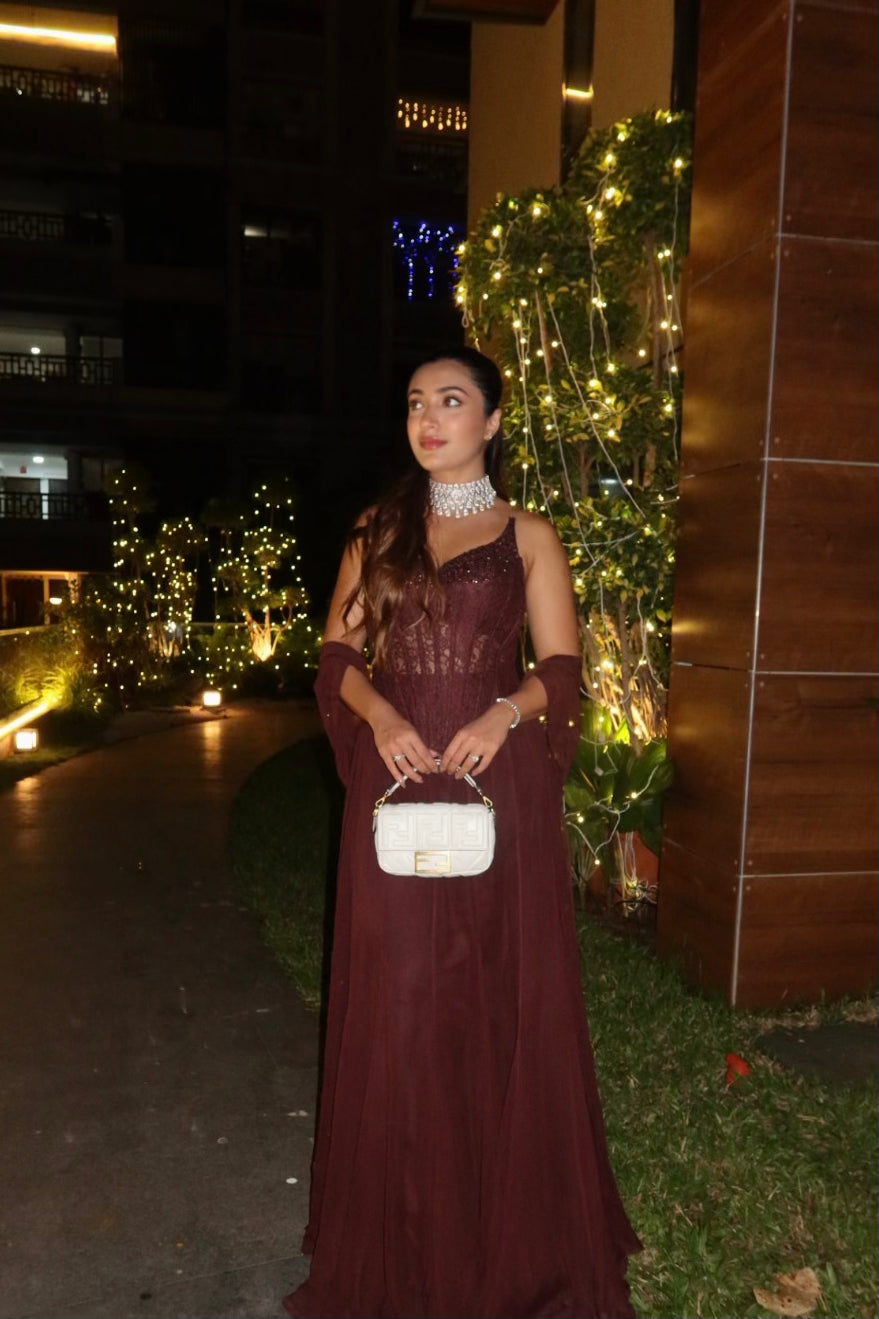 BROWN CORSET  CAPE SET WITH  FISH CUT SKIRT.