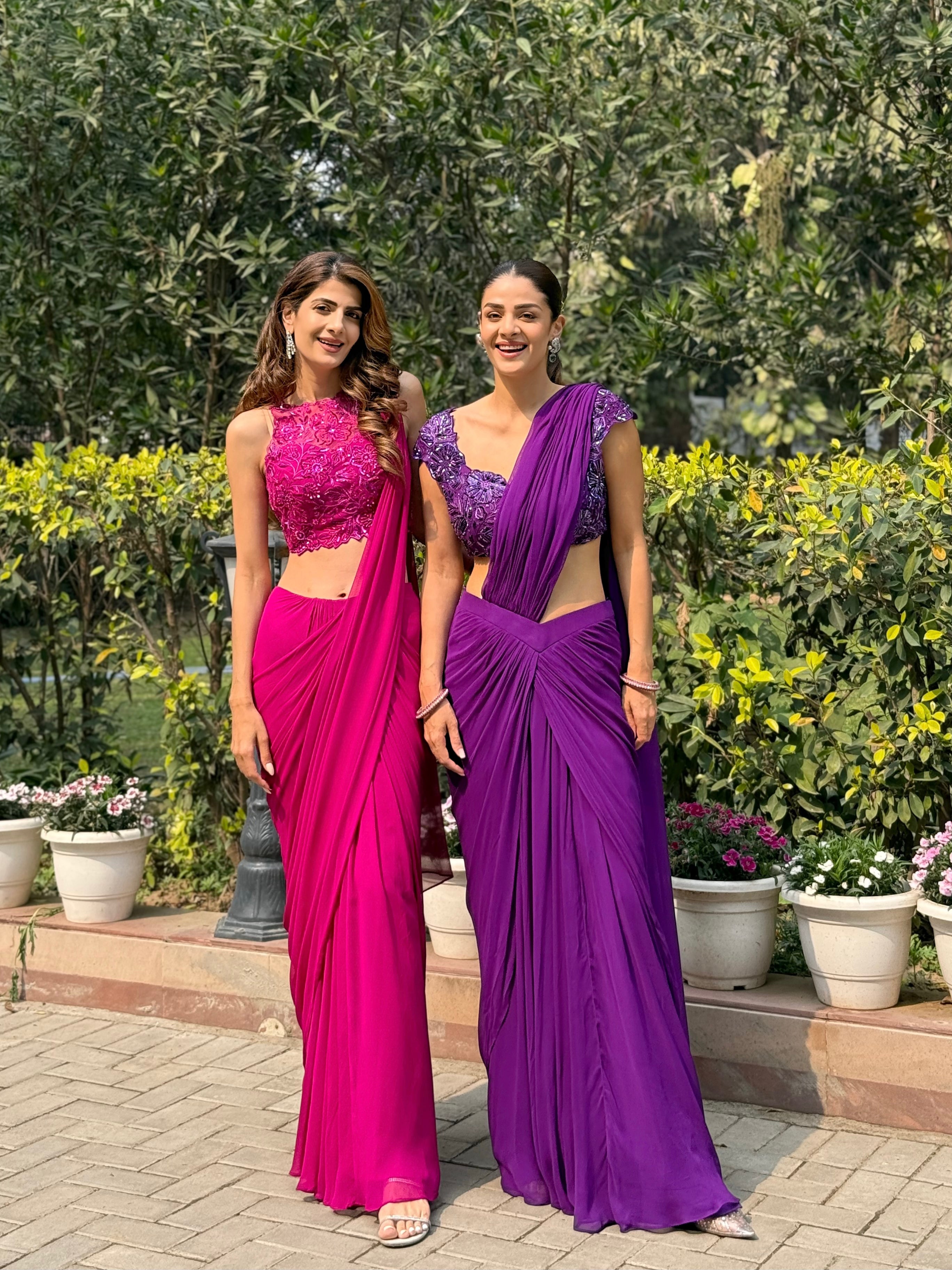 PURPLE DRAPE SAREE WITH APPLIQUE FLORAL WORK BLOUSE