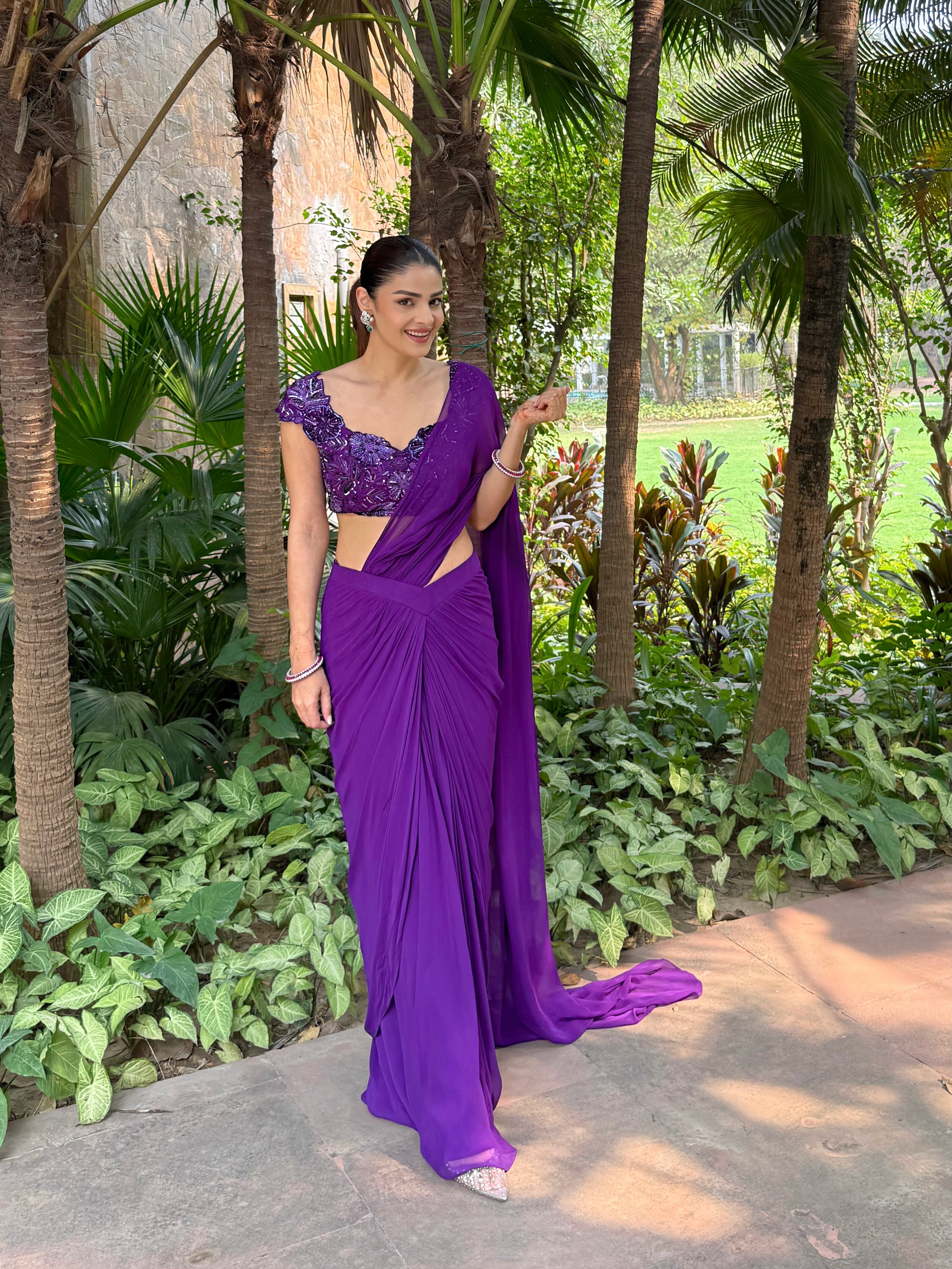 PURPLE DRAPE SAREE WITH APPLIQUE FLORAL WORK BLOUSE