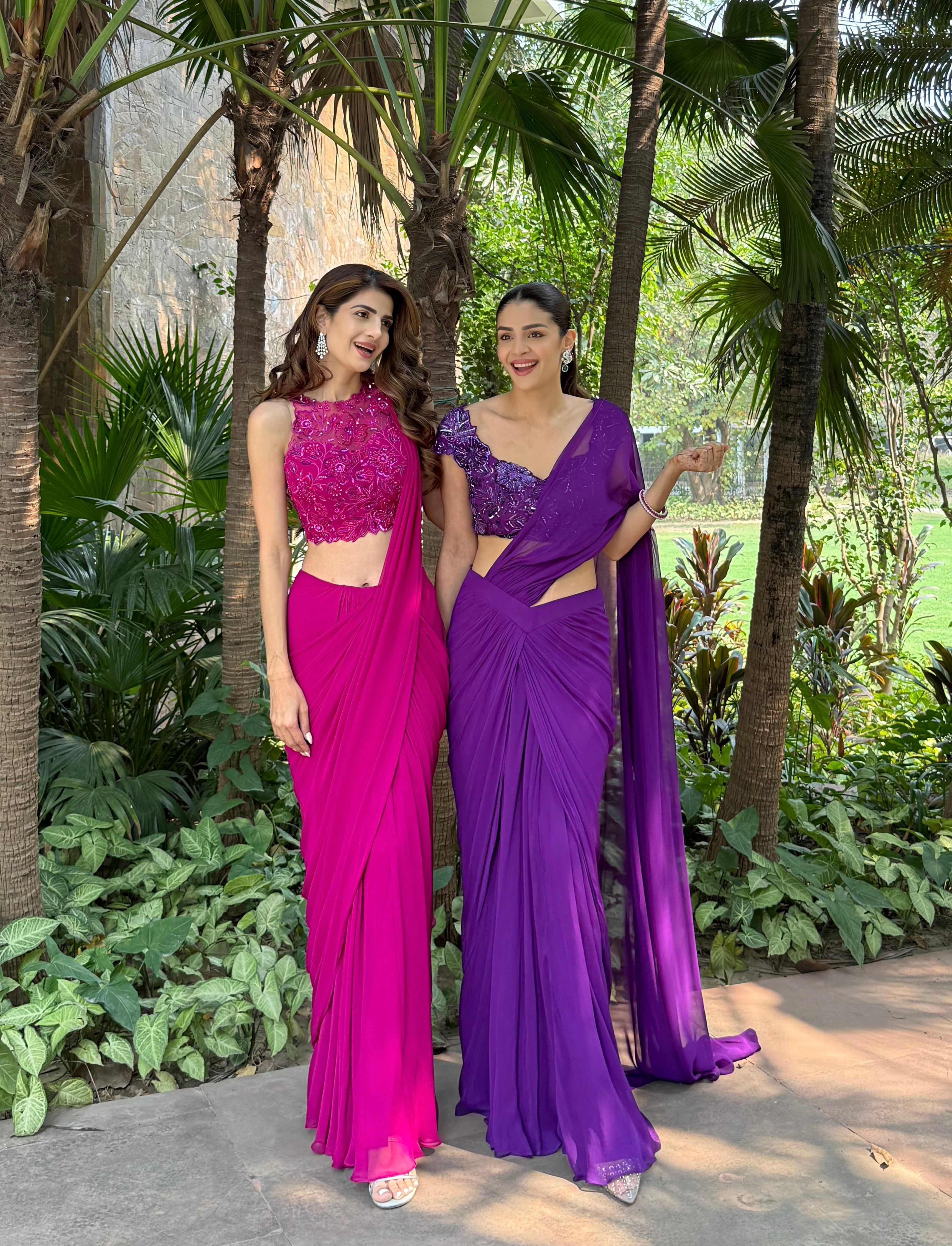 MAGENTA DRAPE SAREE WITH EMBROIDERED BLOUSE