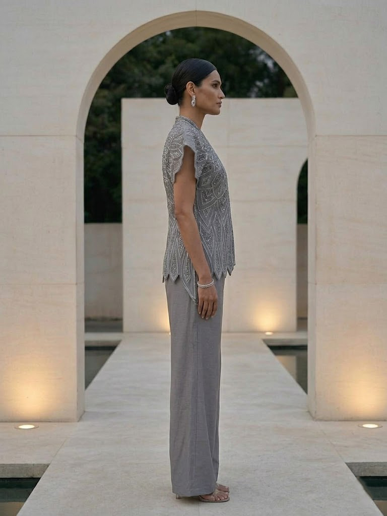 GREY EMBELLISHED JACKET WITH TOP & PANTS SET.