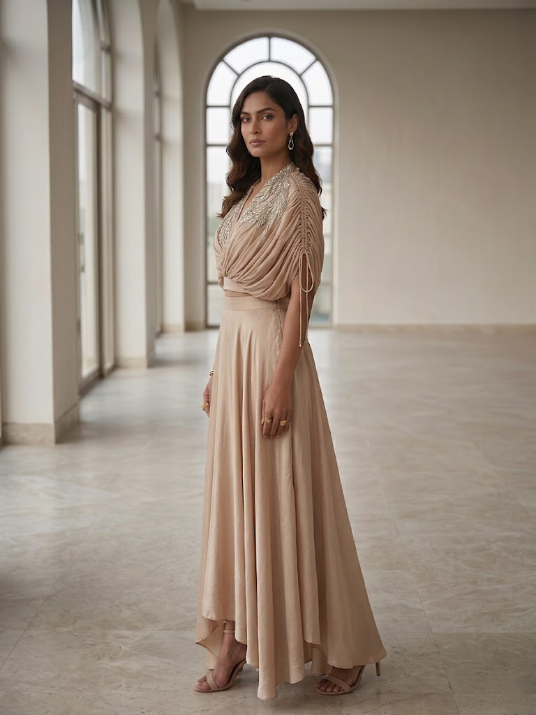 BEIGE BEAD AND WIRE EMBELLISHED CAPE TOP WITH DRAPED SKIRT.