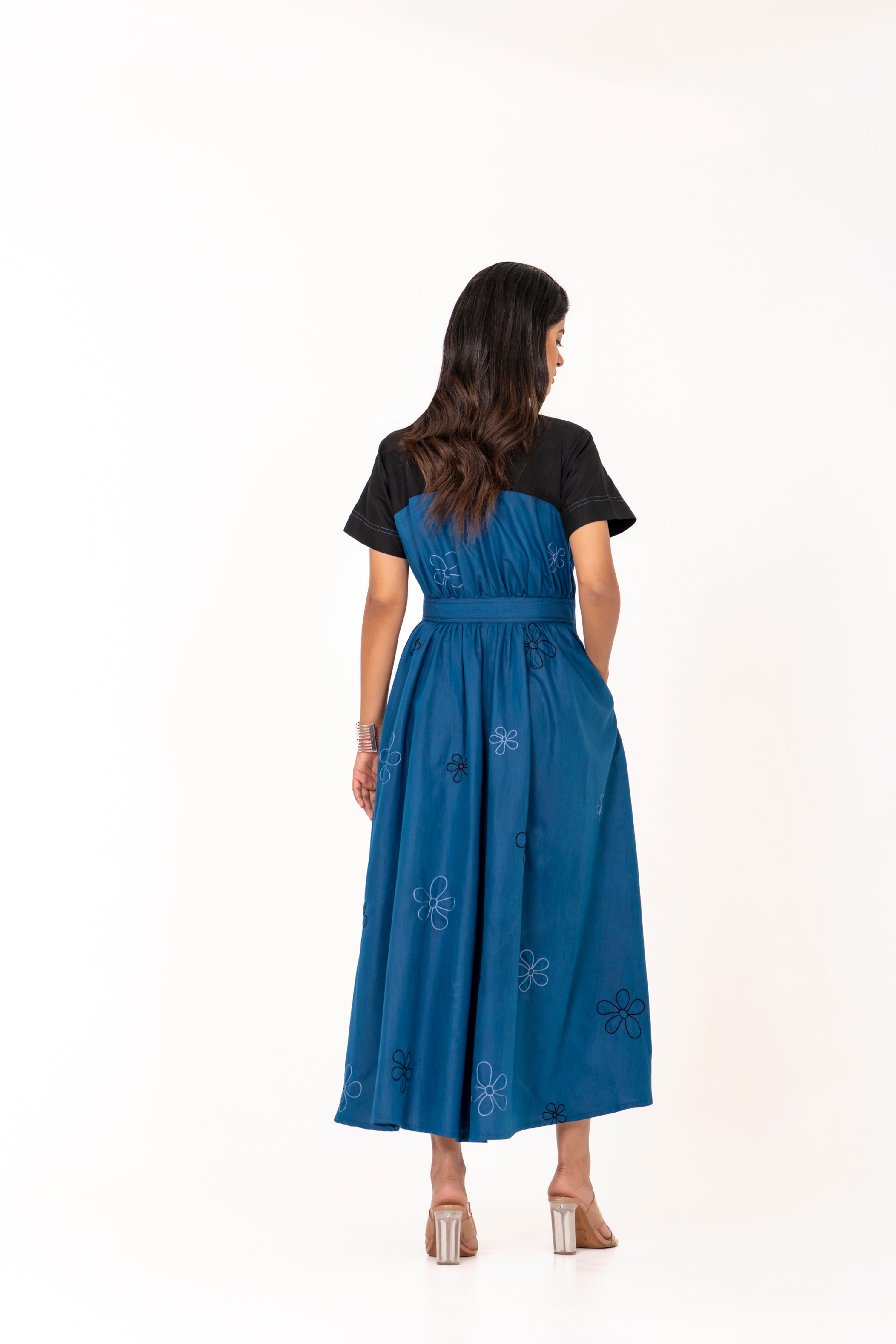 CHIC BLACK & BLUE EMBROIDERED DUAL- TONE DRESS