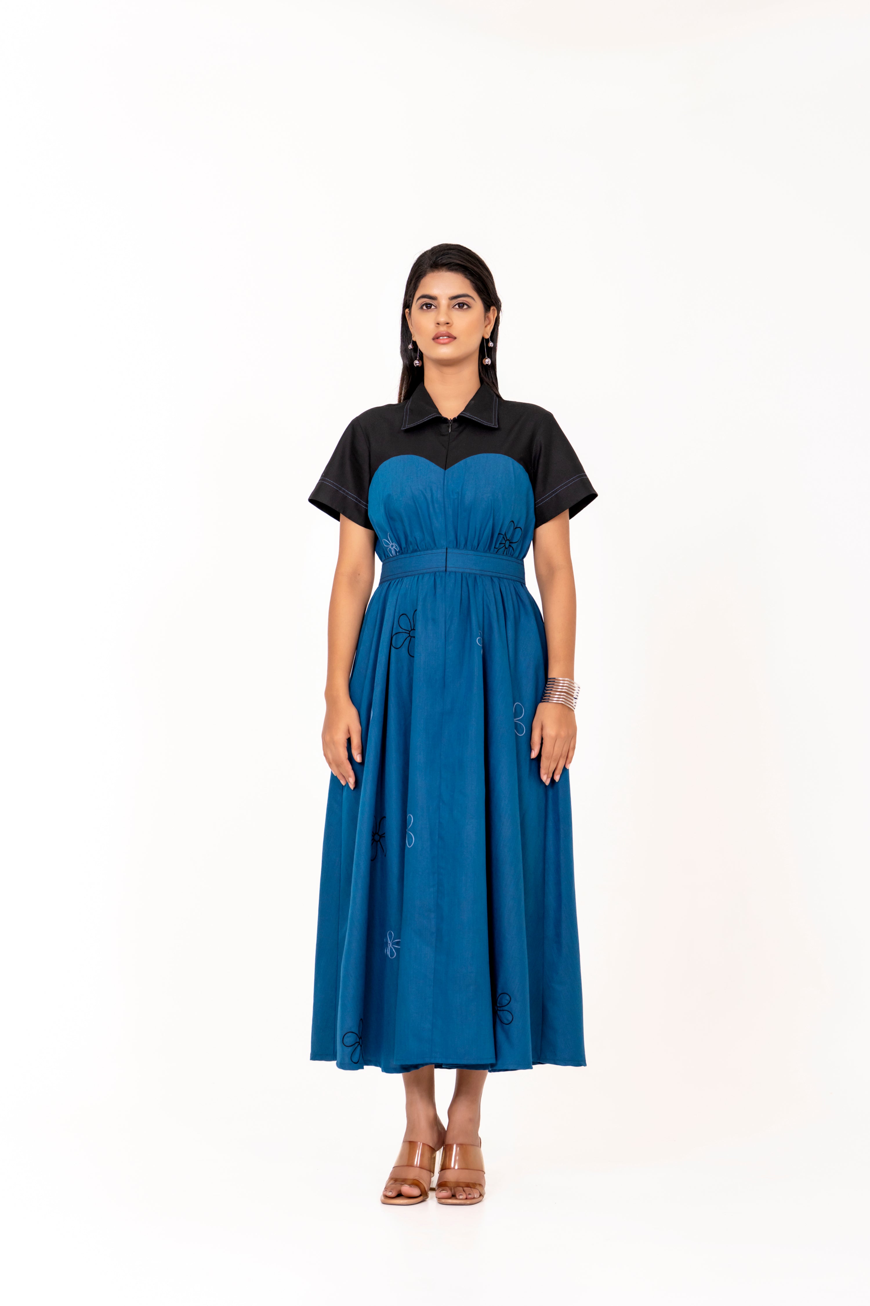 CHIC BLACK & BLUE EMBROIDERED DUAL- TONE DRESS