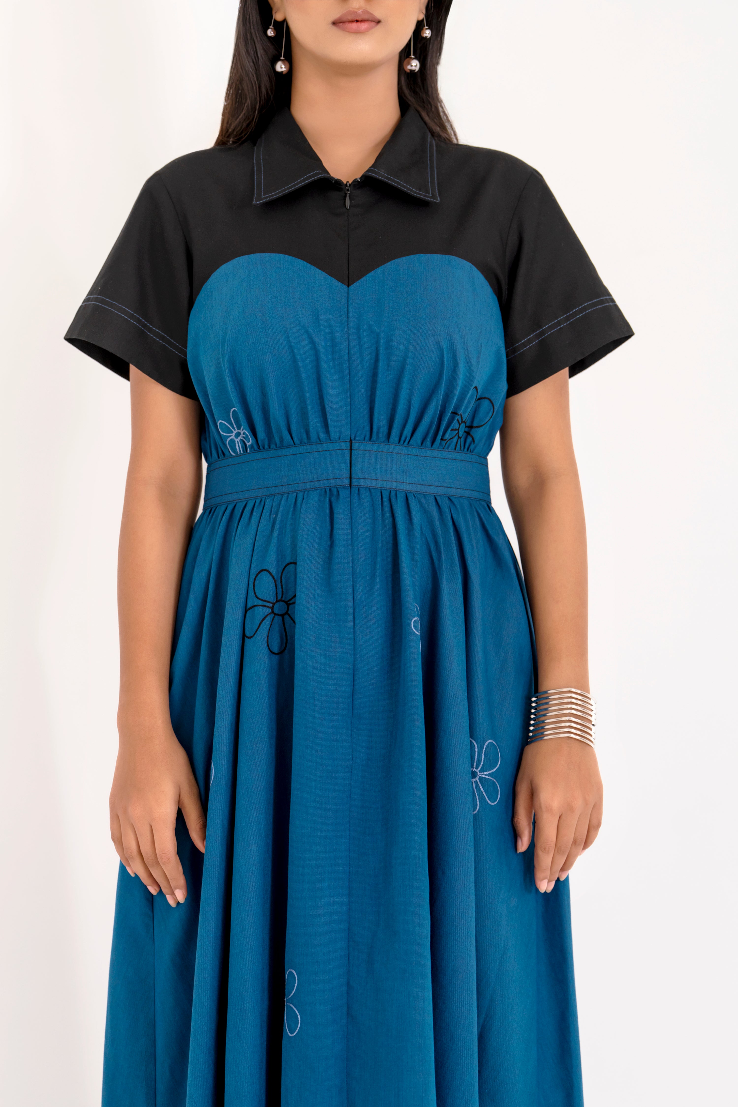 CHIC BLACK & BLUE EMBROIDERED DUAL- TONE DRESS