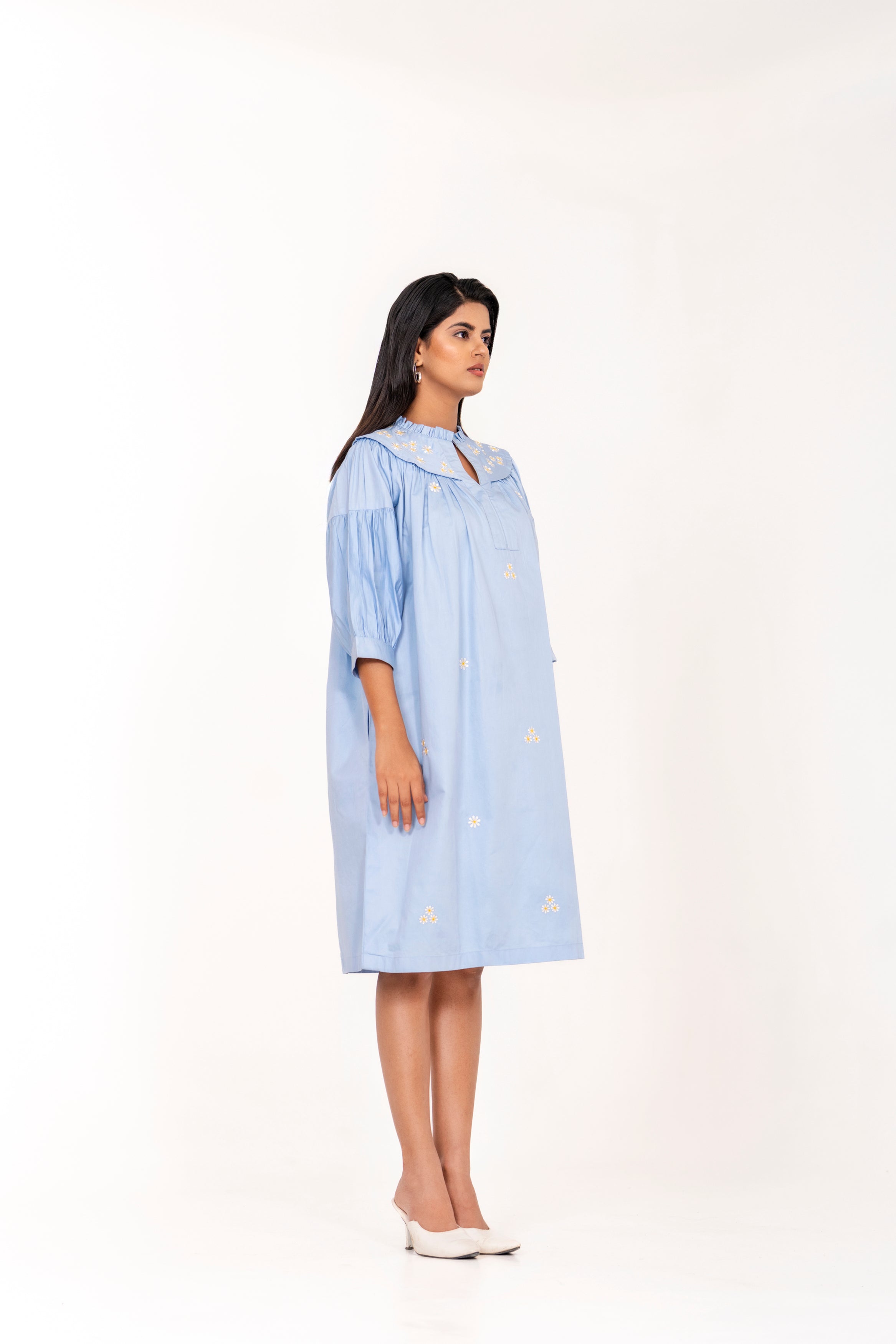 SKY BLUE EMBROIDERED DRESS WITH FLORAL DETAILING AND PUFFED SLEEVES.
