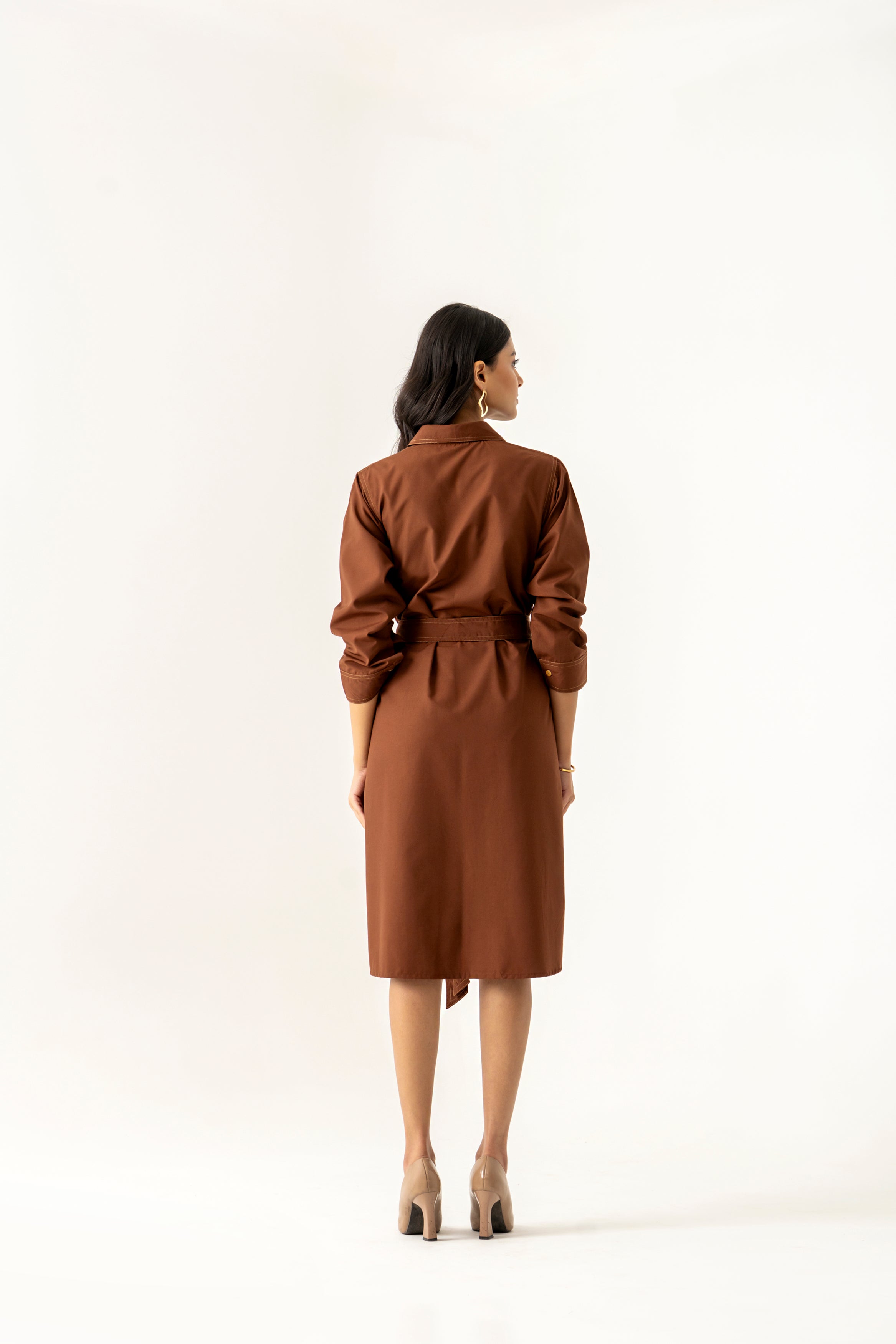 BROWN FLORAL APPLIQUE COTTON SHIRT DRESS WITH TIE UP BELT