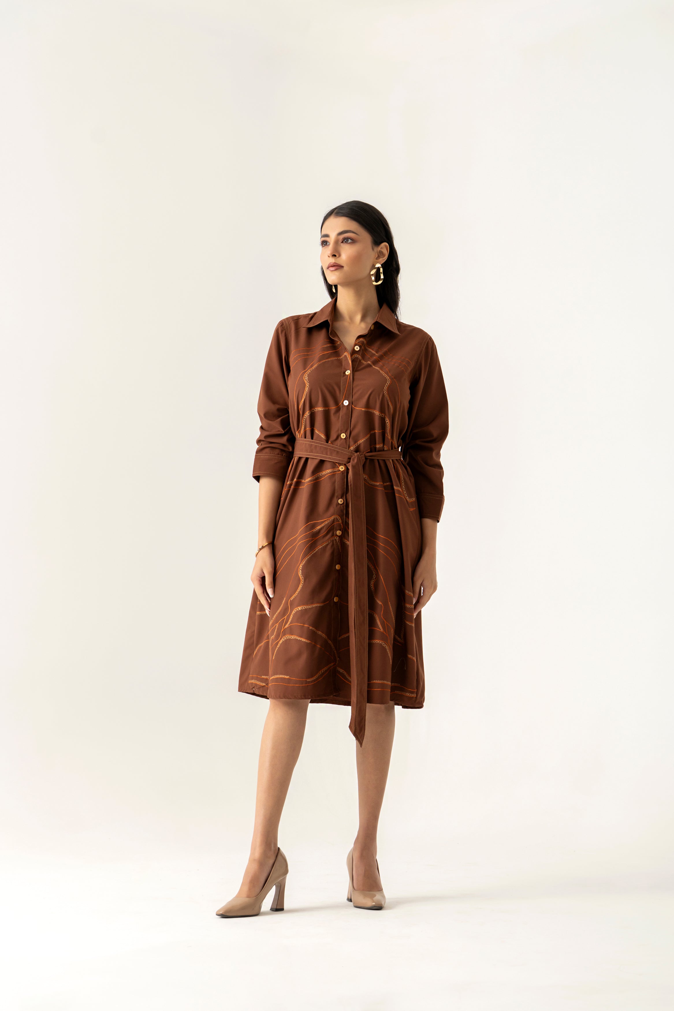 BROWN FLORAL APPLIQUE COTTON SHIRT DRESS WITH TIE UP BELT