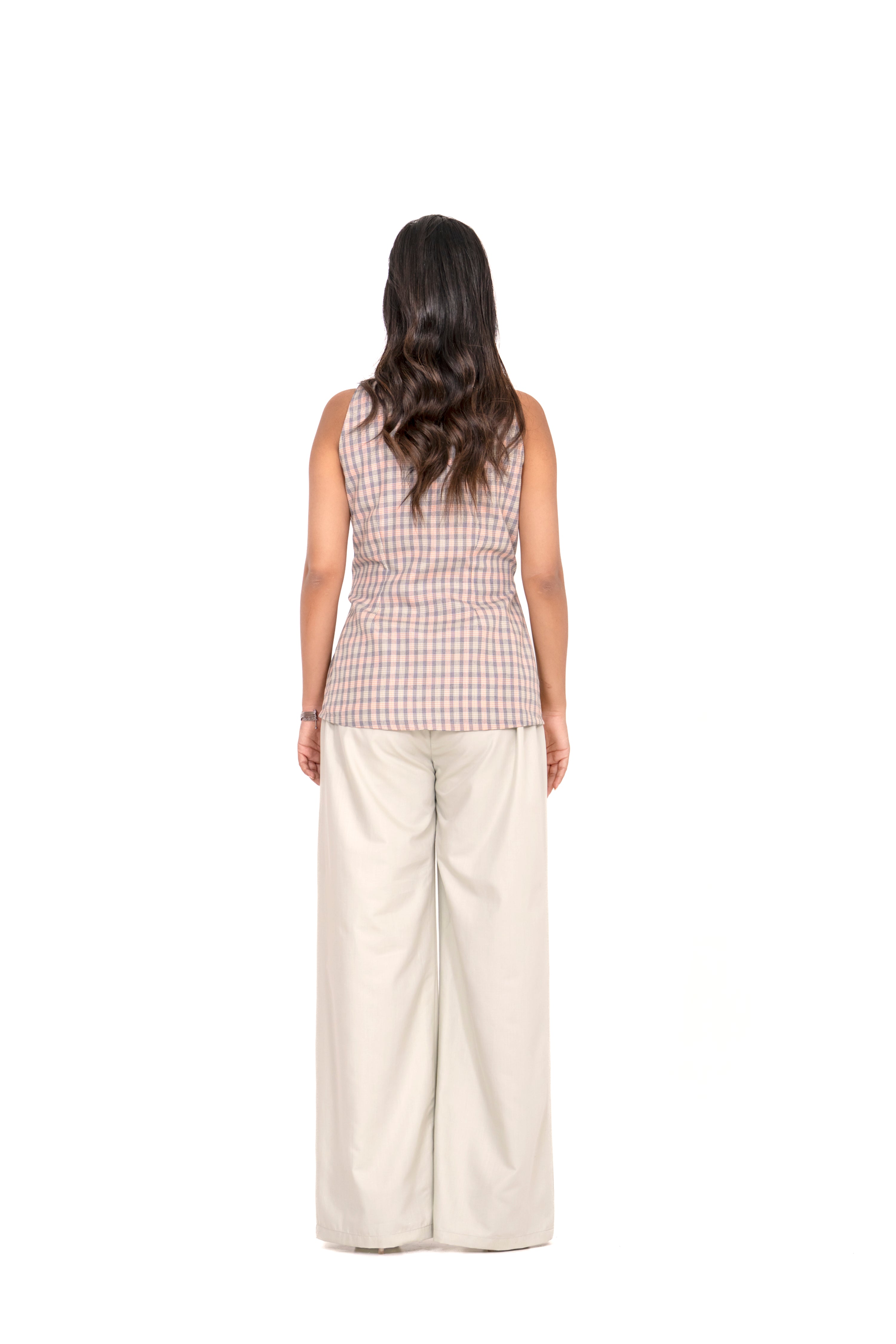 PISTACHIO CHECKERED KNOT TOP WITH WIDE - LEG TROUSERS.
