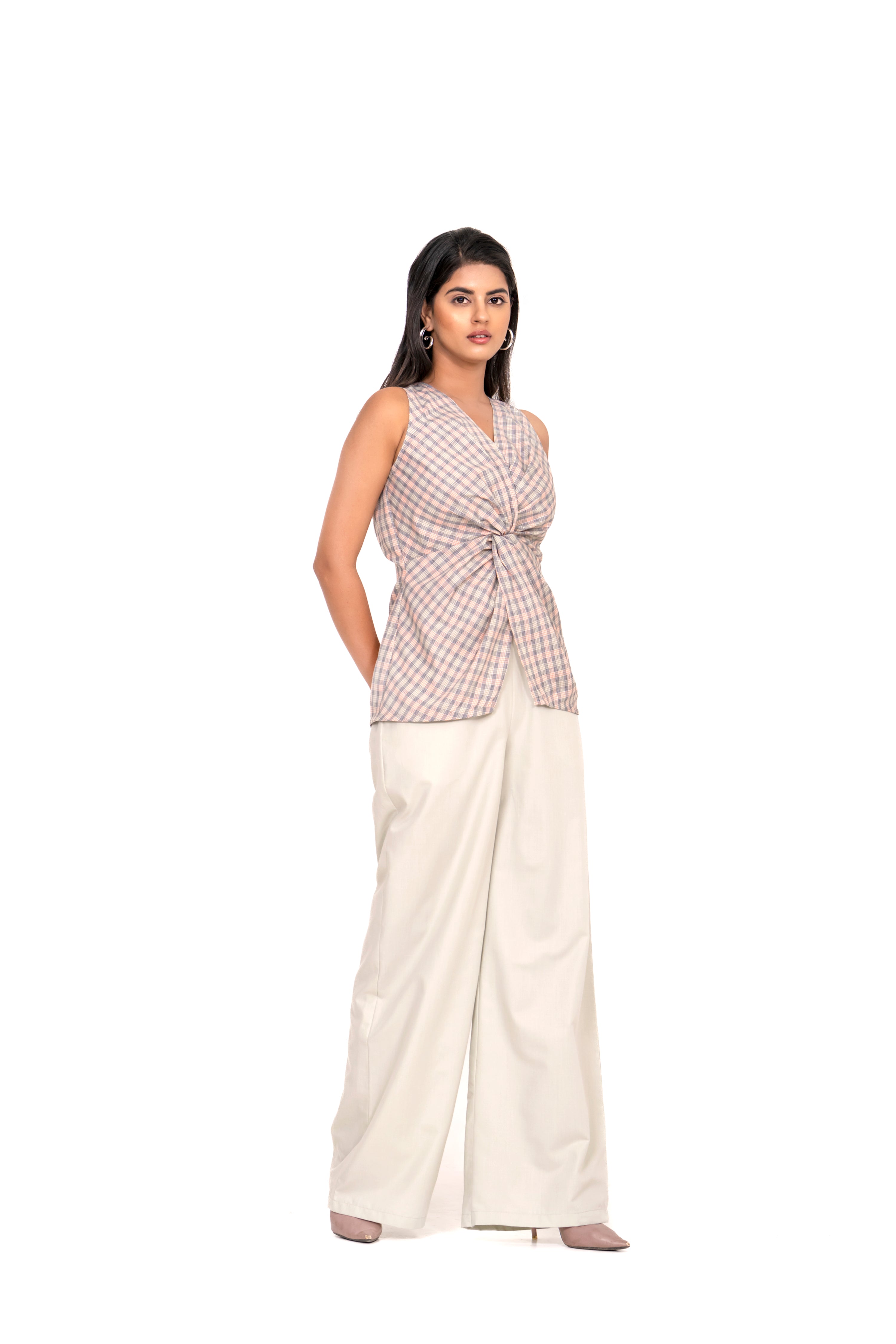 PISTACHIO CHECKERED KNOT TOP WITH WIDE - LEG TROUSERS.