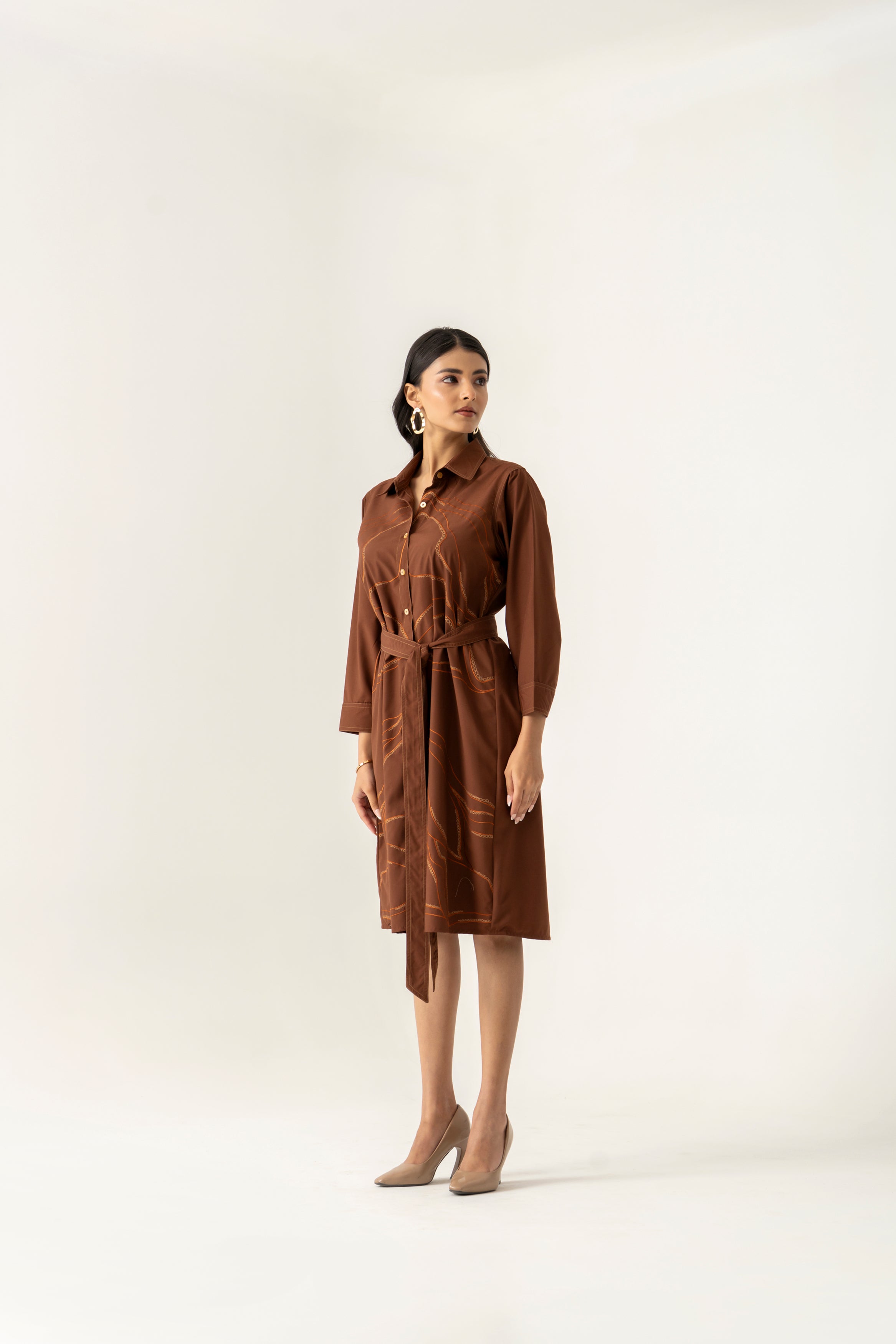 BROWN FLORAL APPLIQUE COTTON SHIRT DRESS WITH TIE UP BELT