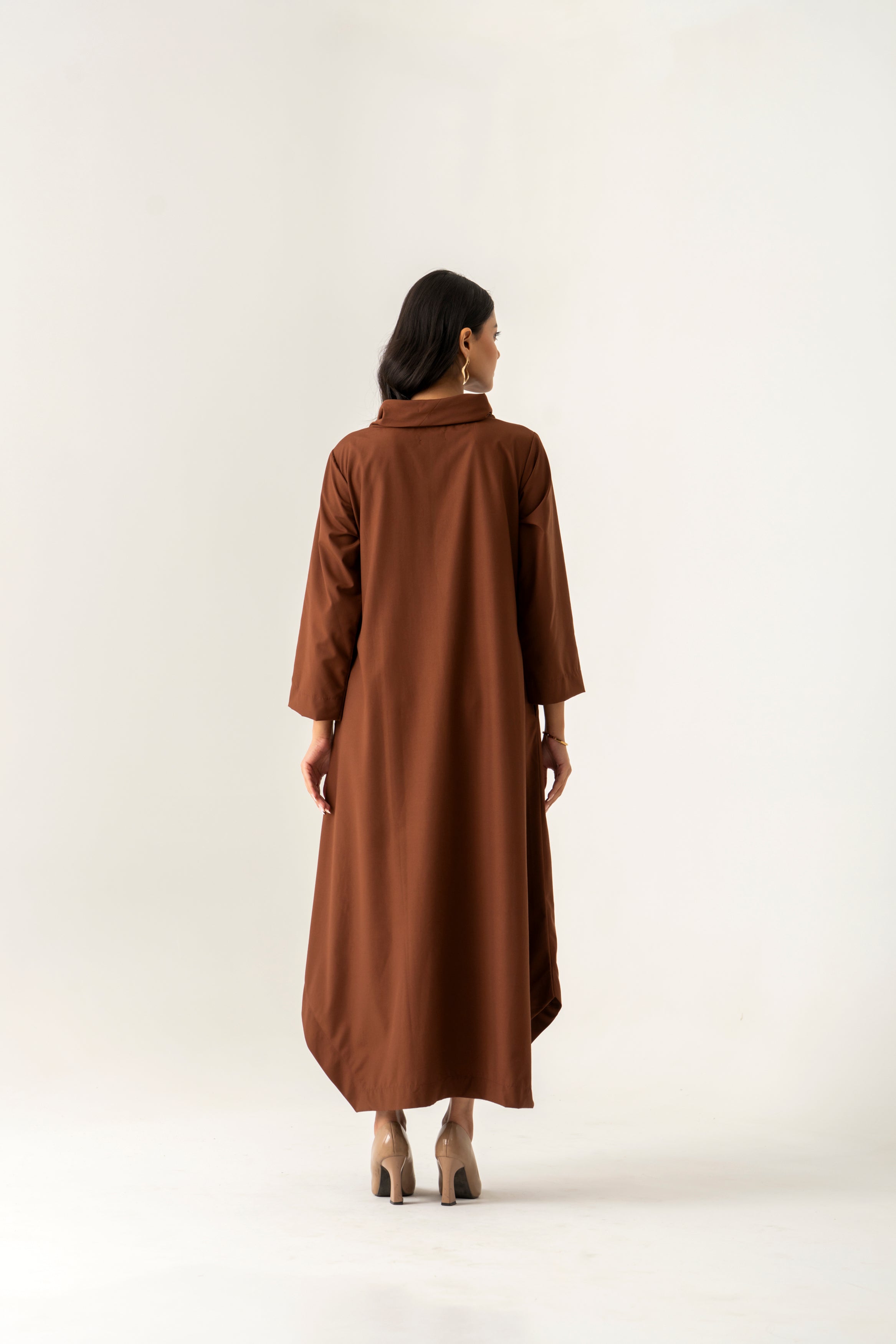 BROWN COTTON DRESS WITH FLORAL EMBROIDERY