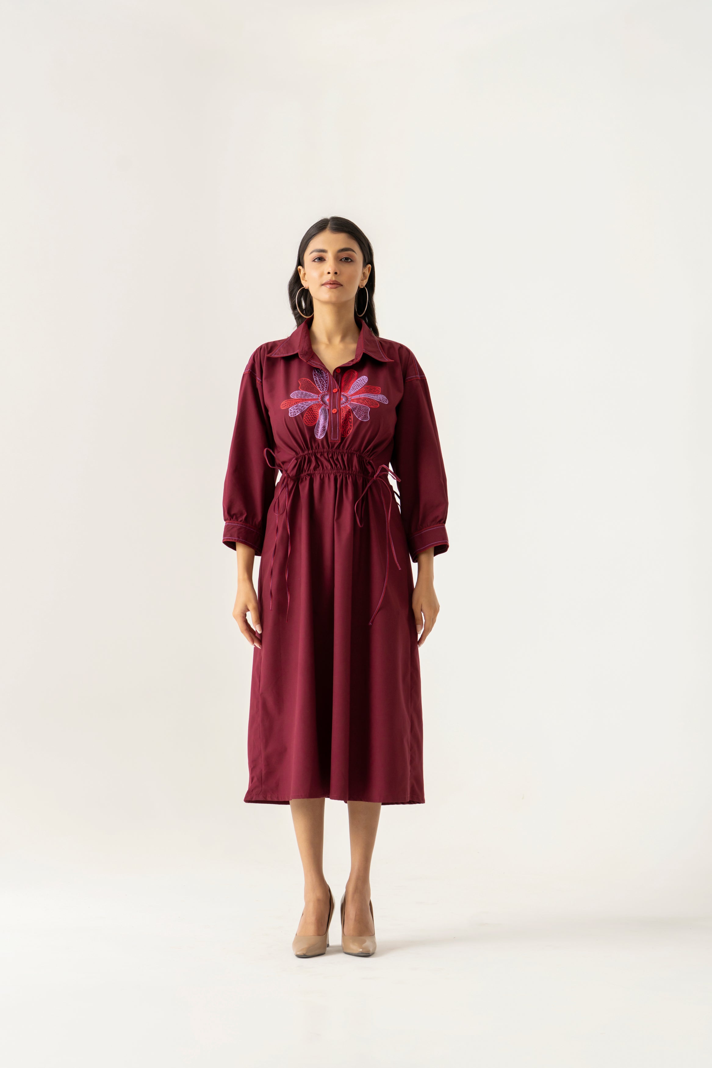 MAROON FLORAL EMBROIDERED  DRESS