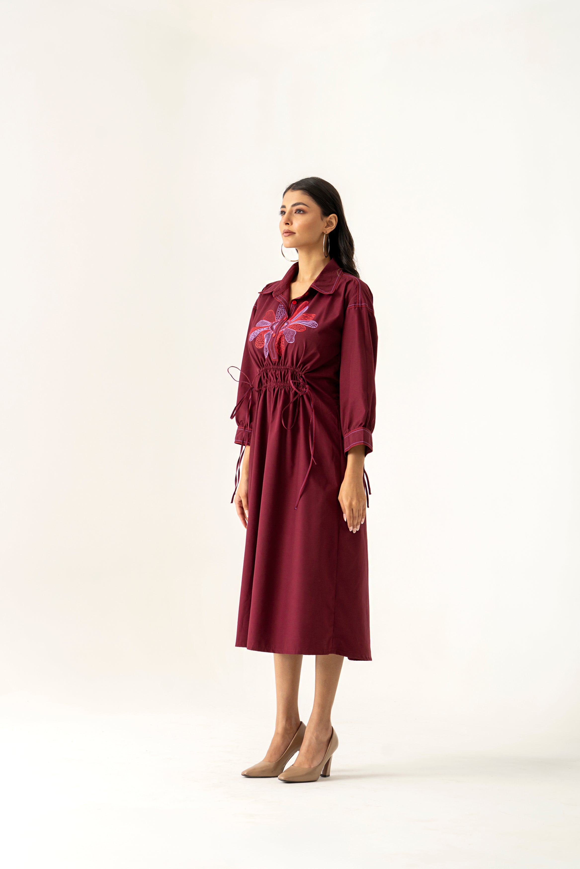 MAROON FLORAL EMBROIDERED  DRESS