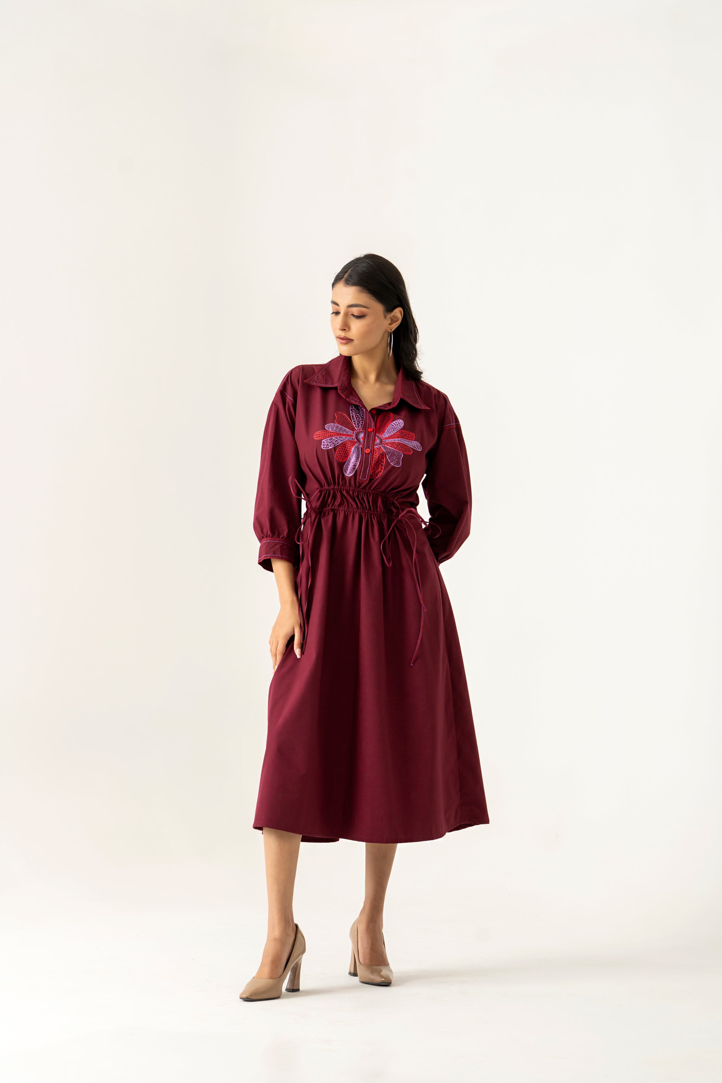MAROON FLORAL EMBROIDERED  DRESS