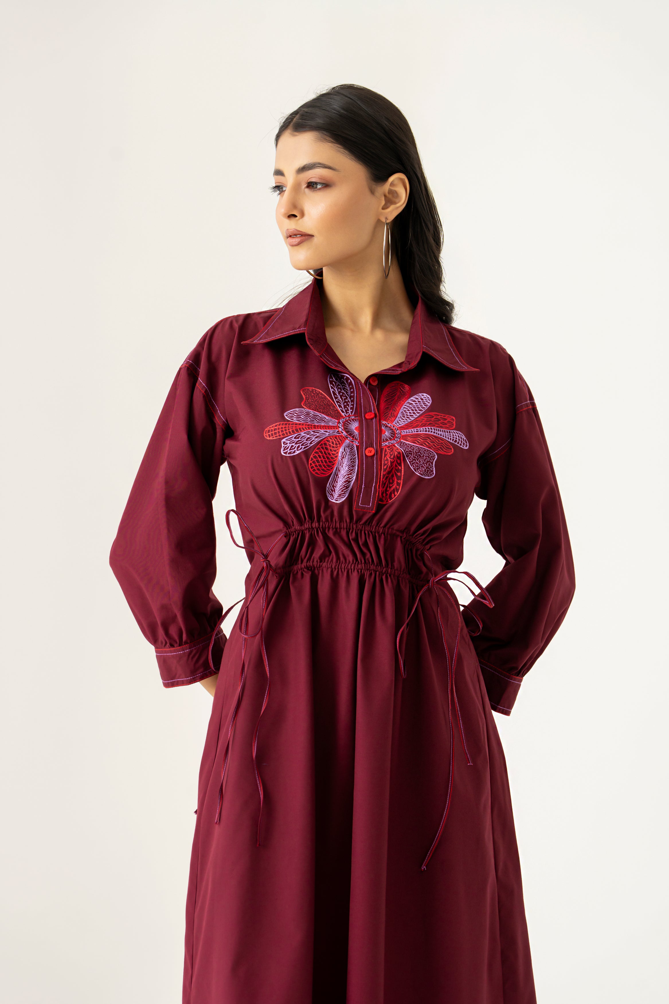 MAROON FLORAL EMBROIDERED  DRESS