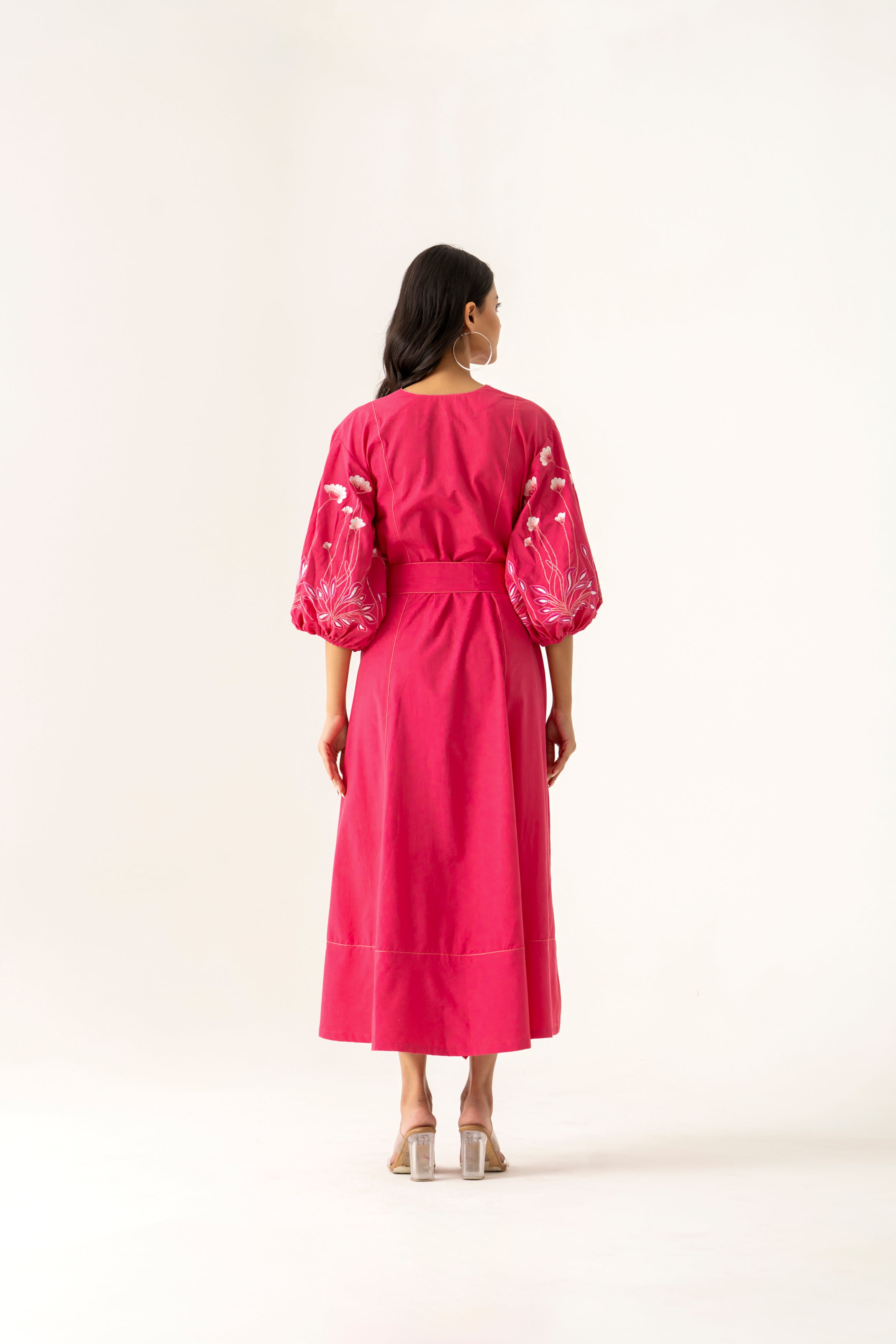 PINK COTTON  DRESS FLORAL EMBROIDERED SLEEVES