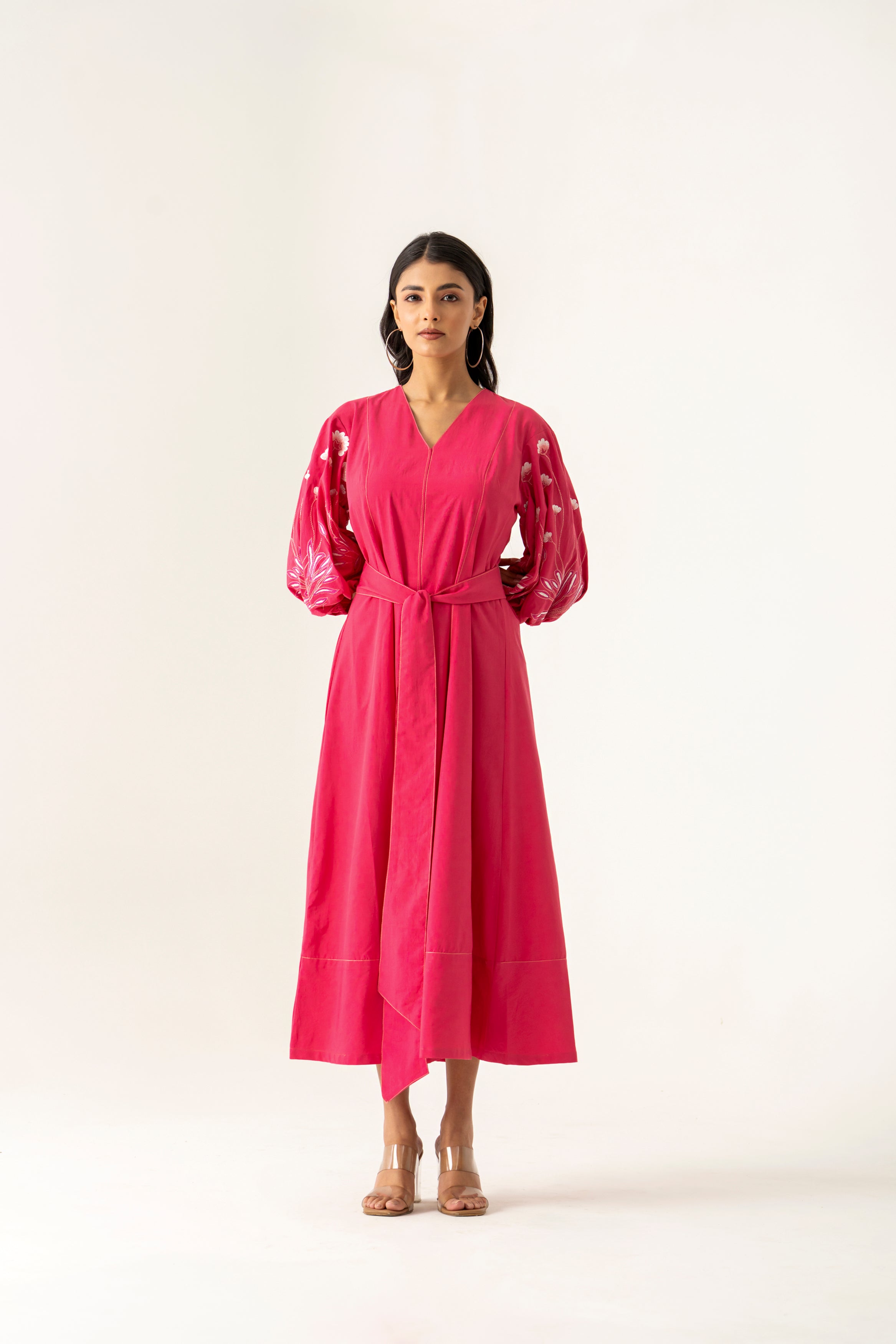 PINK COTTON  DRESS FLORAL EMBROIDERED SLEEVES