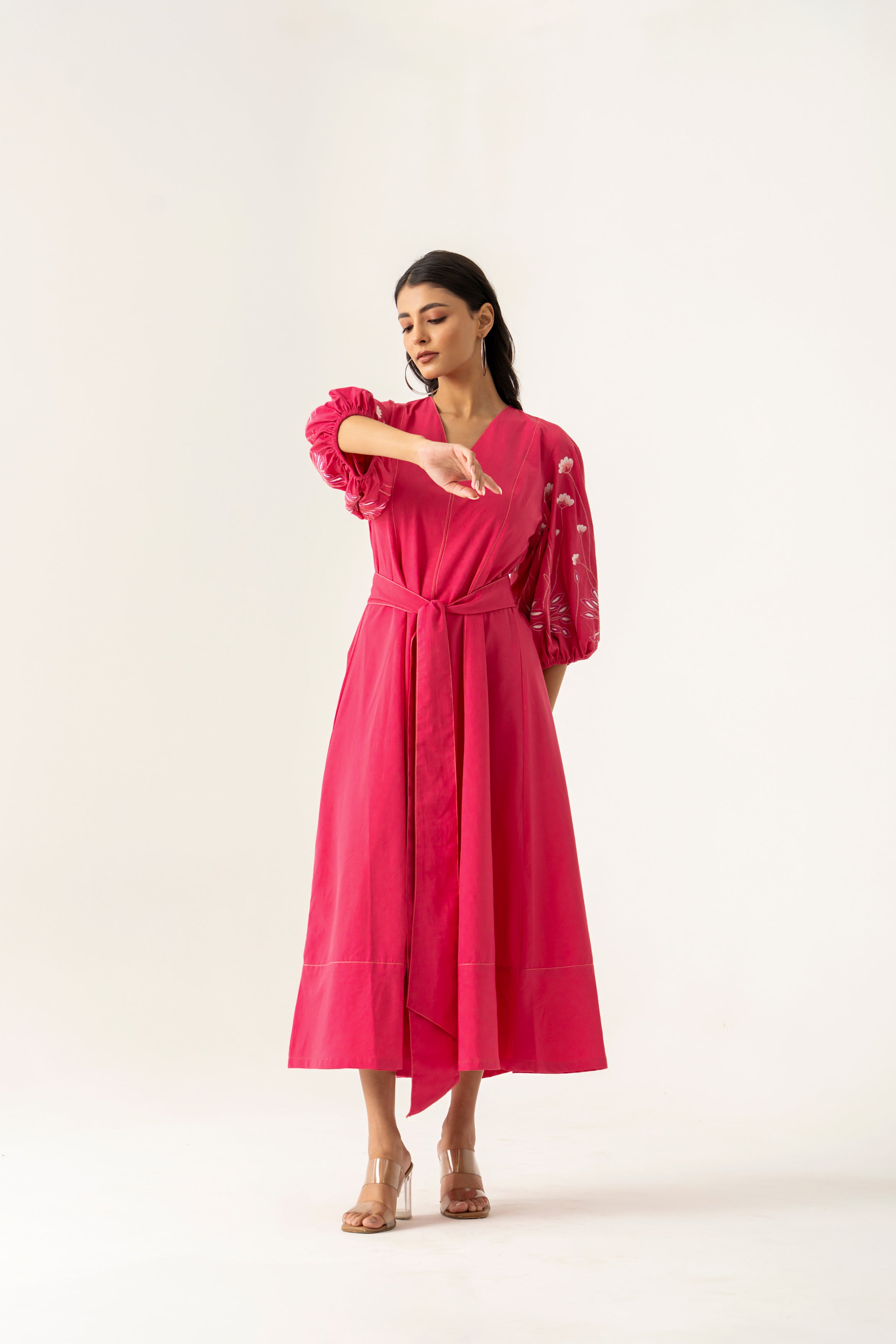 PINK COTTON  DRESS FLORAL EMBROIDERED SLEEVES