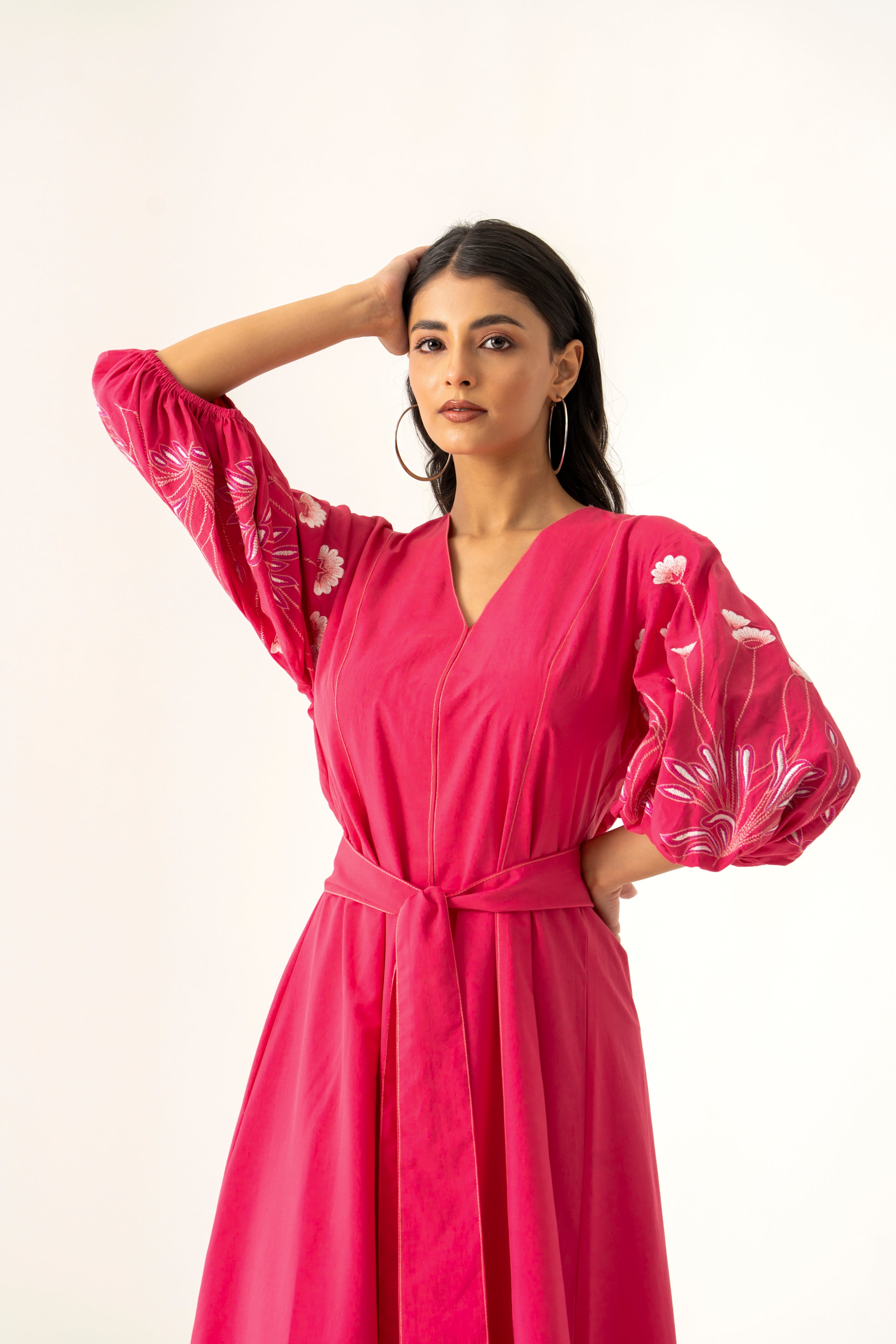PINK COTTON  DRESS FLORAL EMBROIDERED SLEEVES