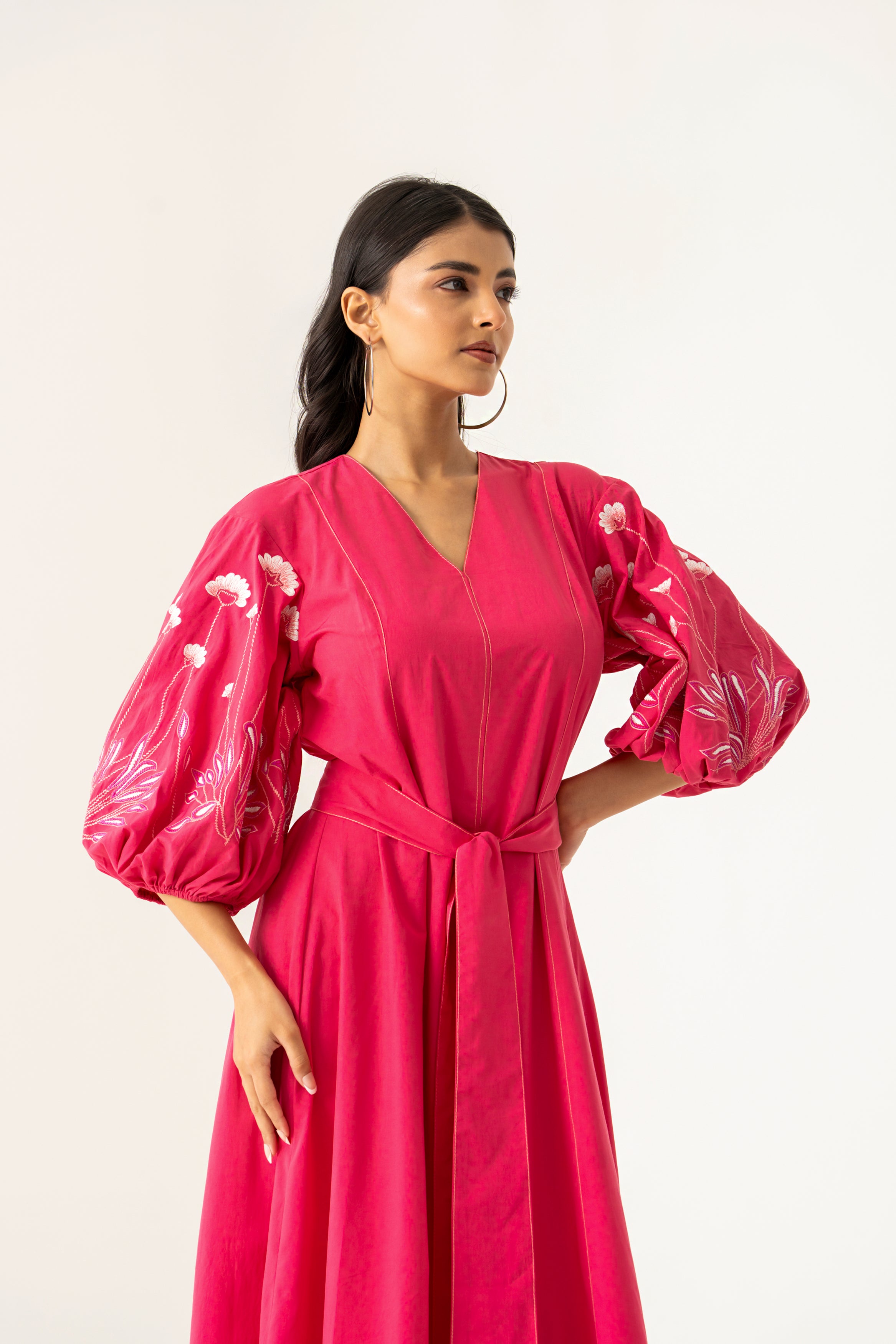 PINK COTTON  DRESS FLORAL EMBROIDERED SLEEVES