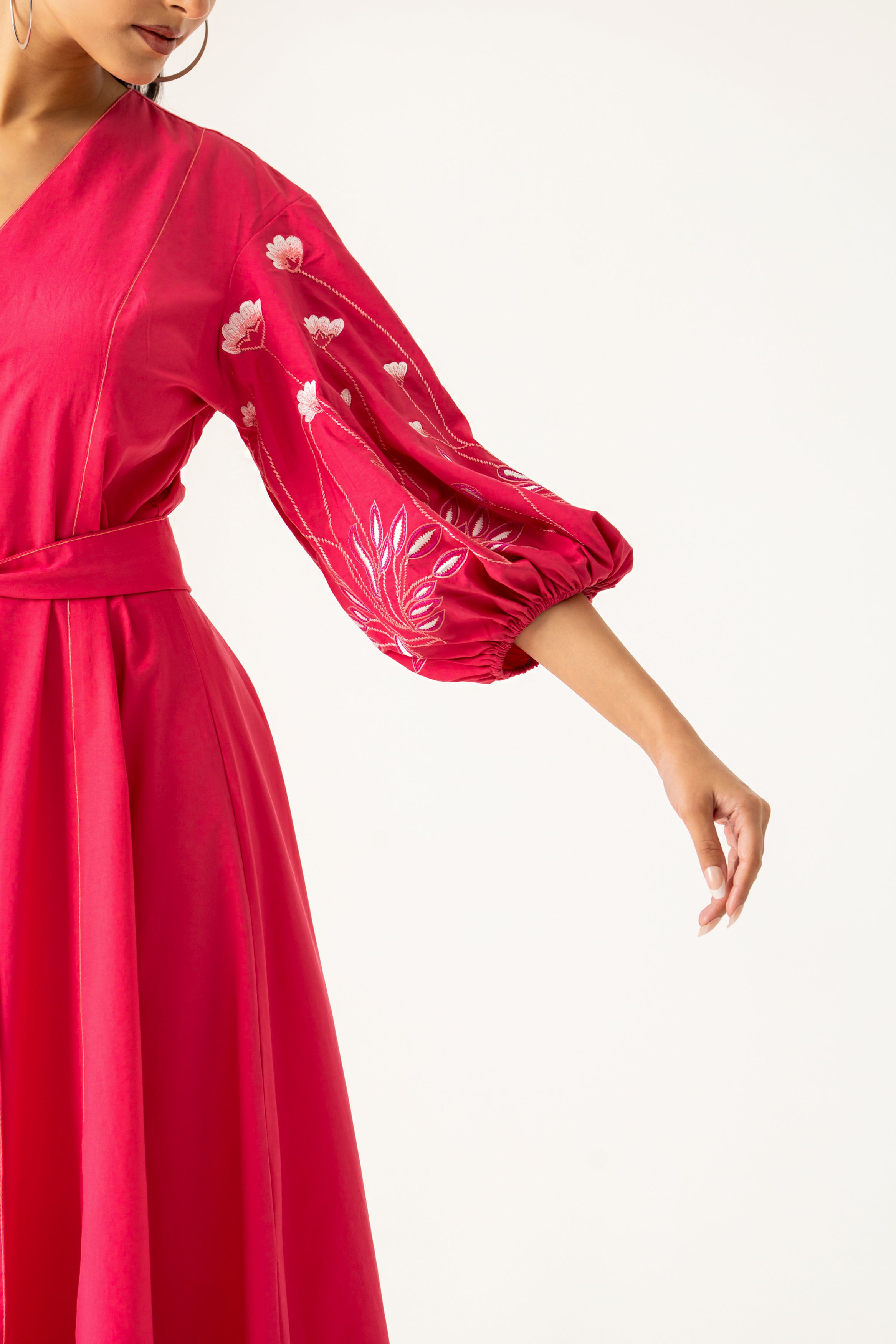 PINK COTTON  DRESS FLORAL EMBROIDERED SLEEVES