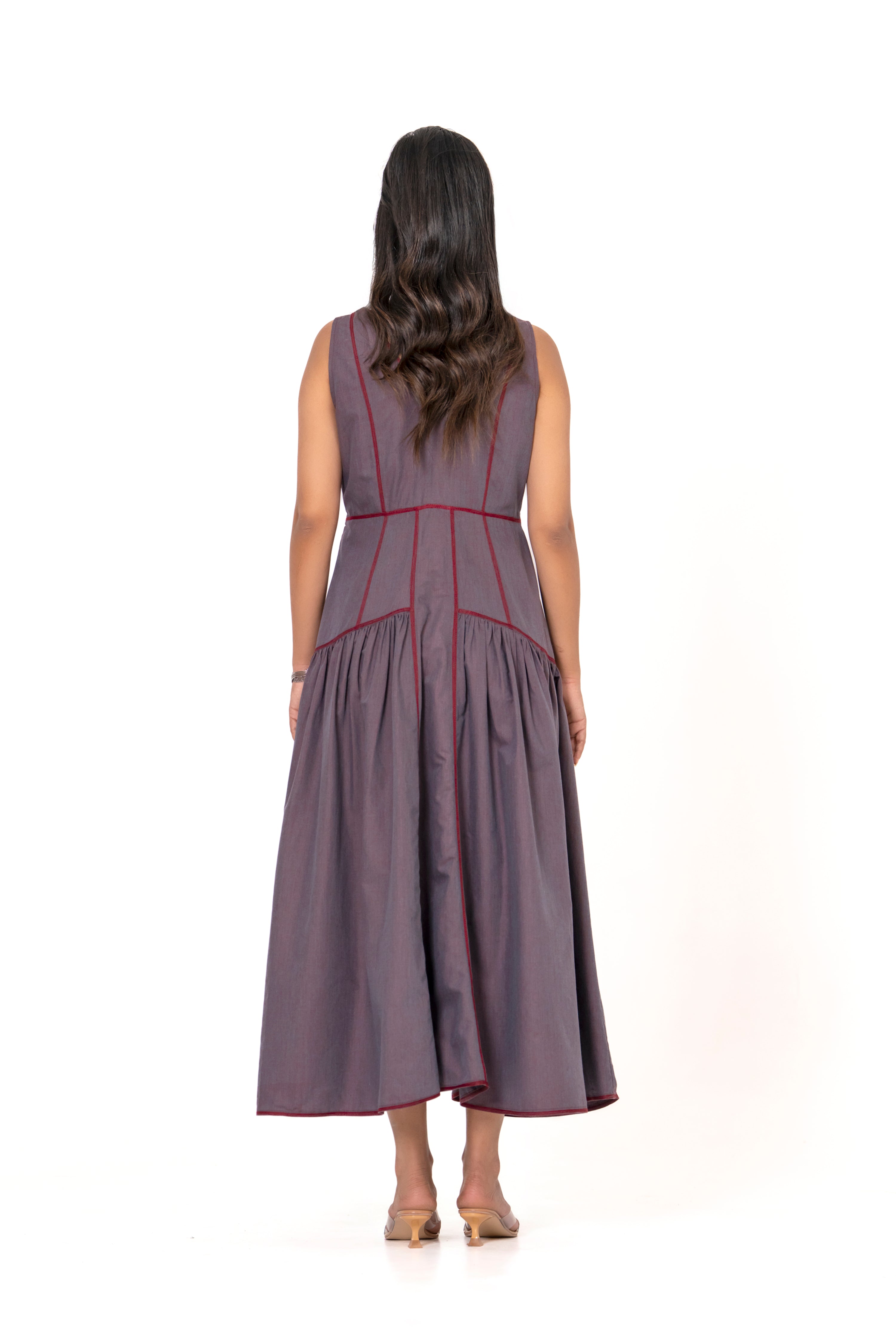 GREY PURPLE FIT & FLARE MIDI DRESS WITH BOLD DETAILING.