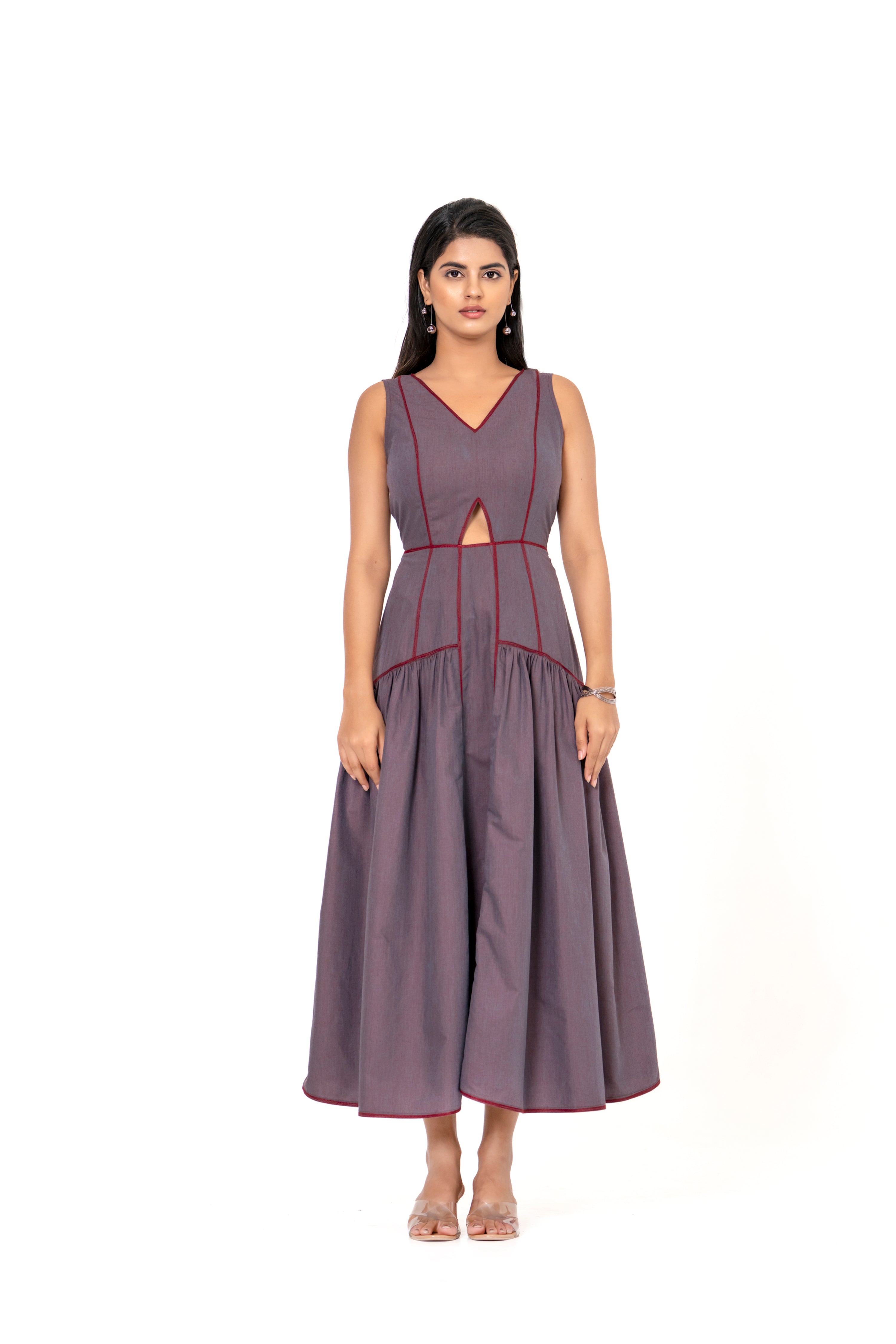 GREY PURPLE FIT & FLARE MIDI DRESS WITH BOLD DETAILING.