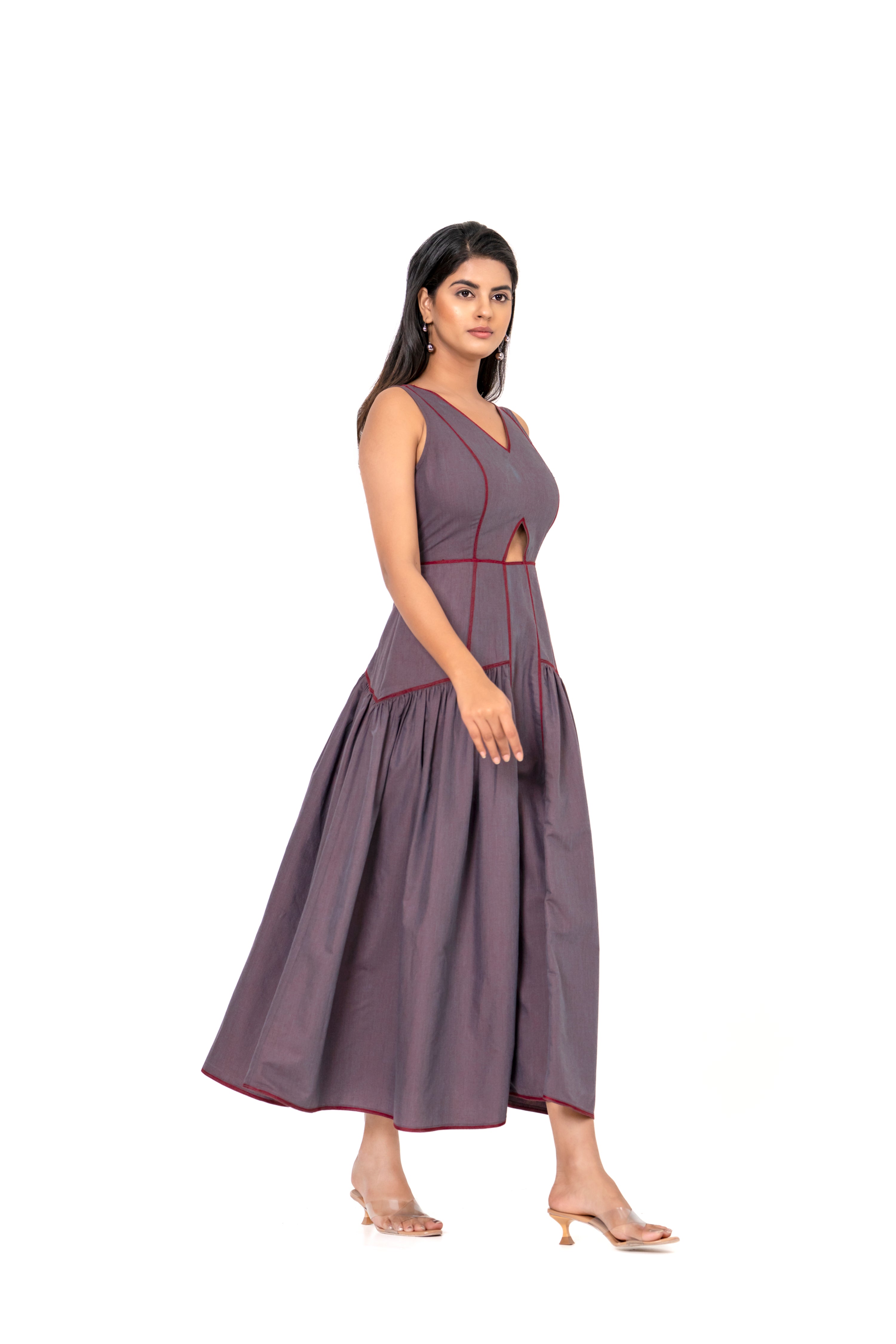 GREY PURPLE FIT & FLARE MIDI DRESS WITH BOLD DETAILING.