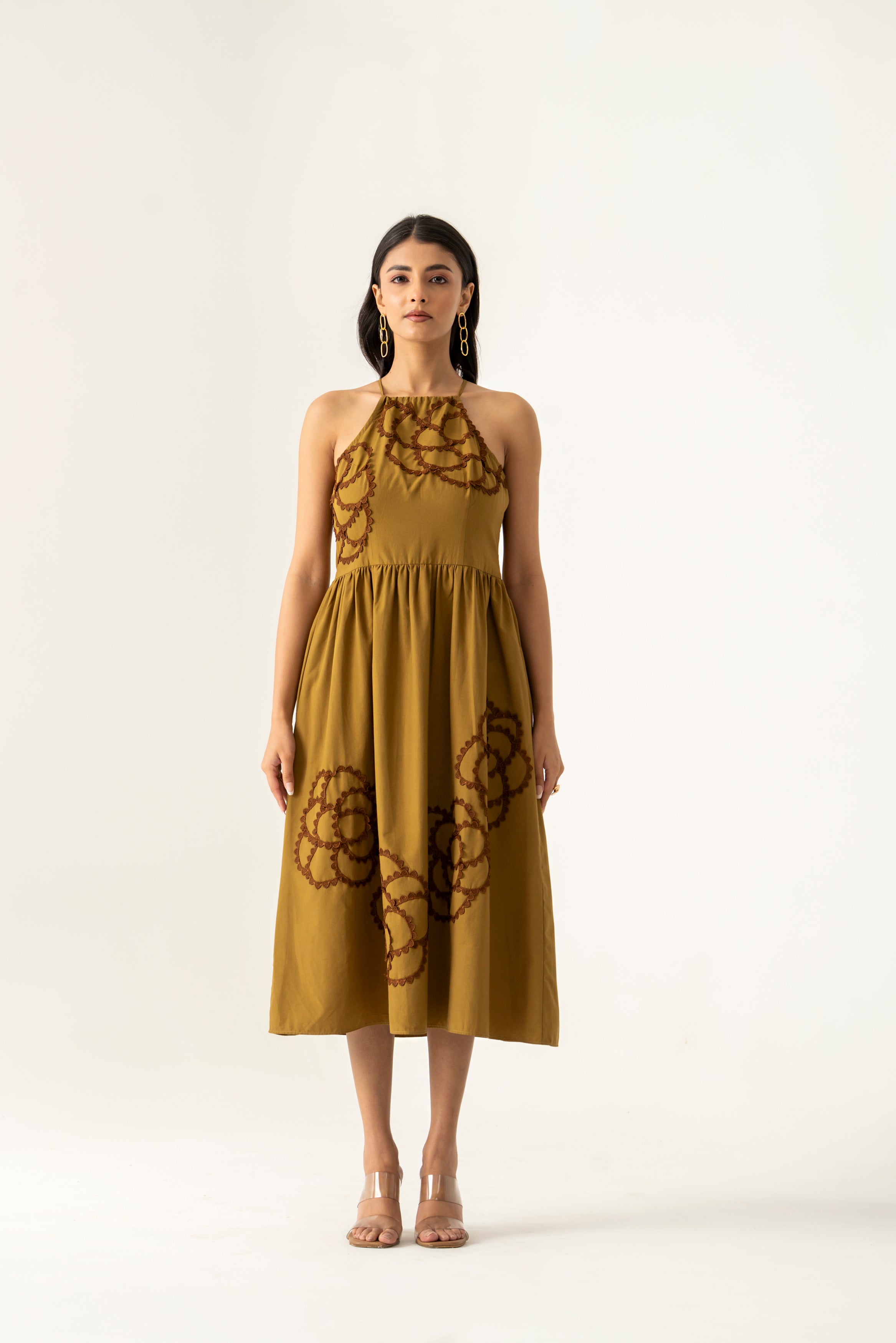 MILITARY GREEN LACE APPLIQUE DRESS