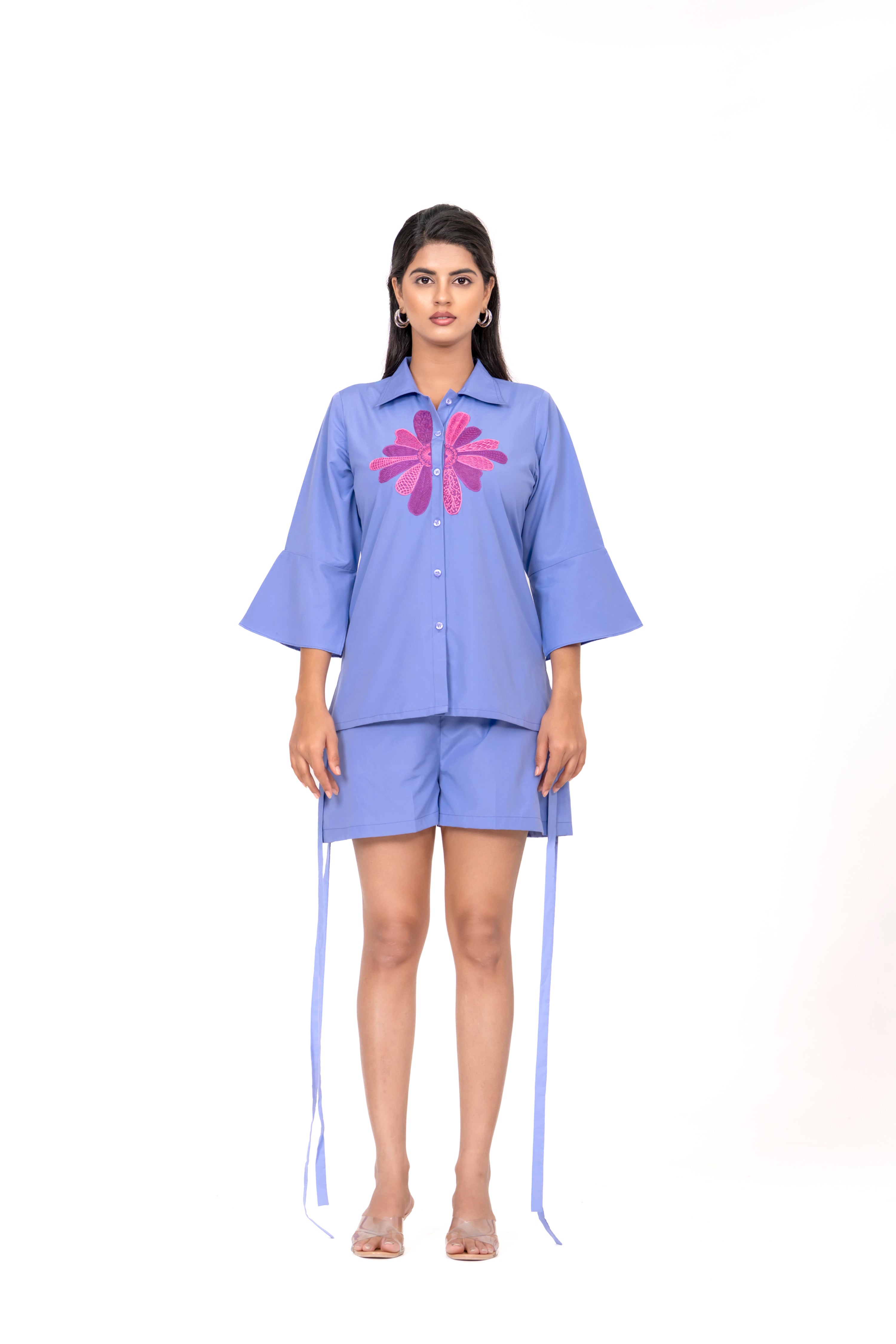 EMBROIDERED SKY BLUE SHIRT AND SHORTS CO-ORD SET WITH FRONT FLORAL EMBROIDERY AND FLARED SLEEVES.