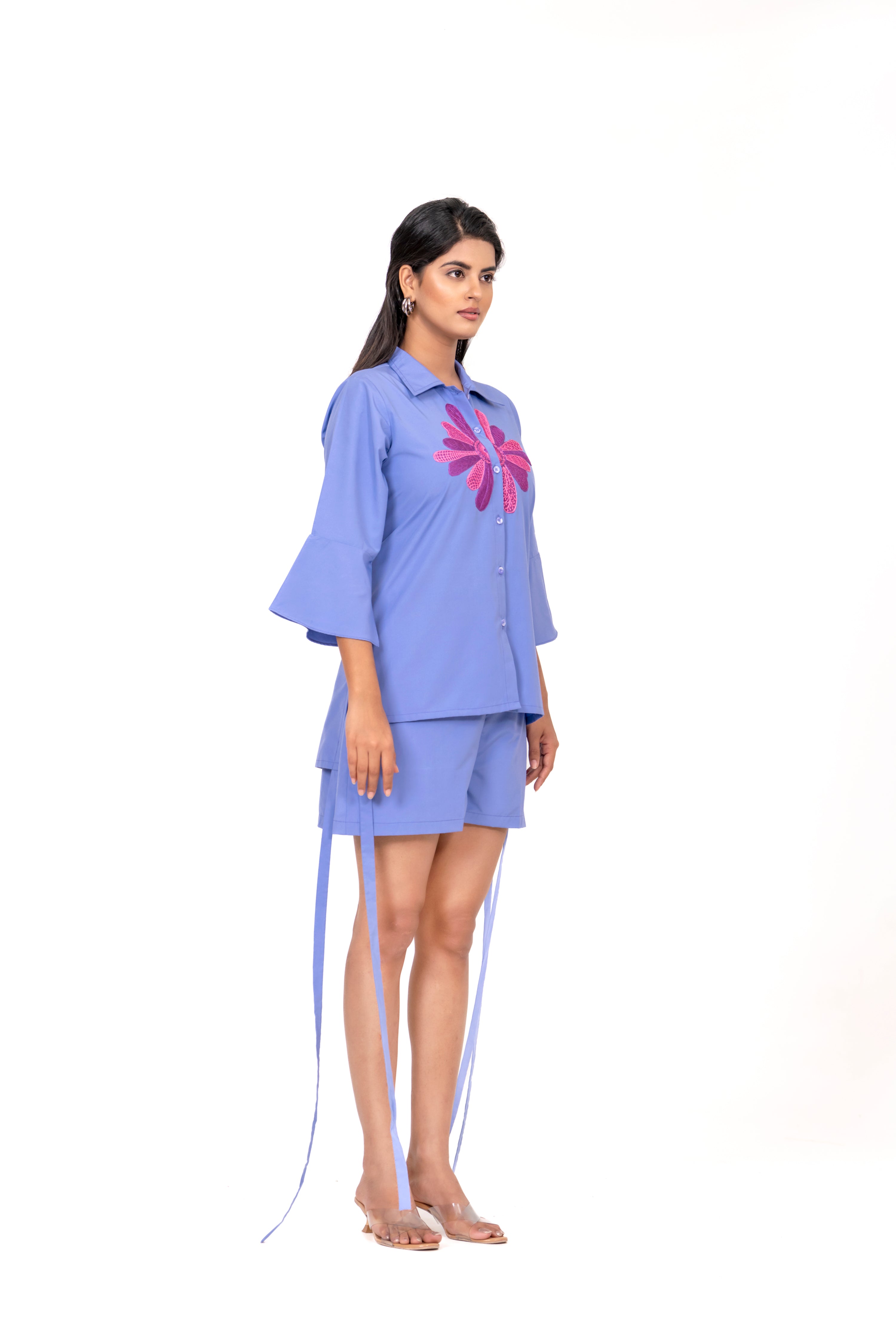 EMBROIDERED SKY BLUE SHIRT AND SHORTS CO-ORD SET WITH FRONT FLORAL EMBROIDERY AND FLARED SLEEVES.