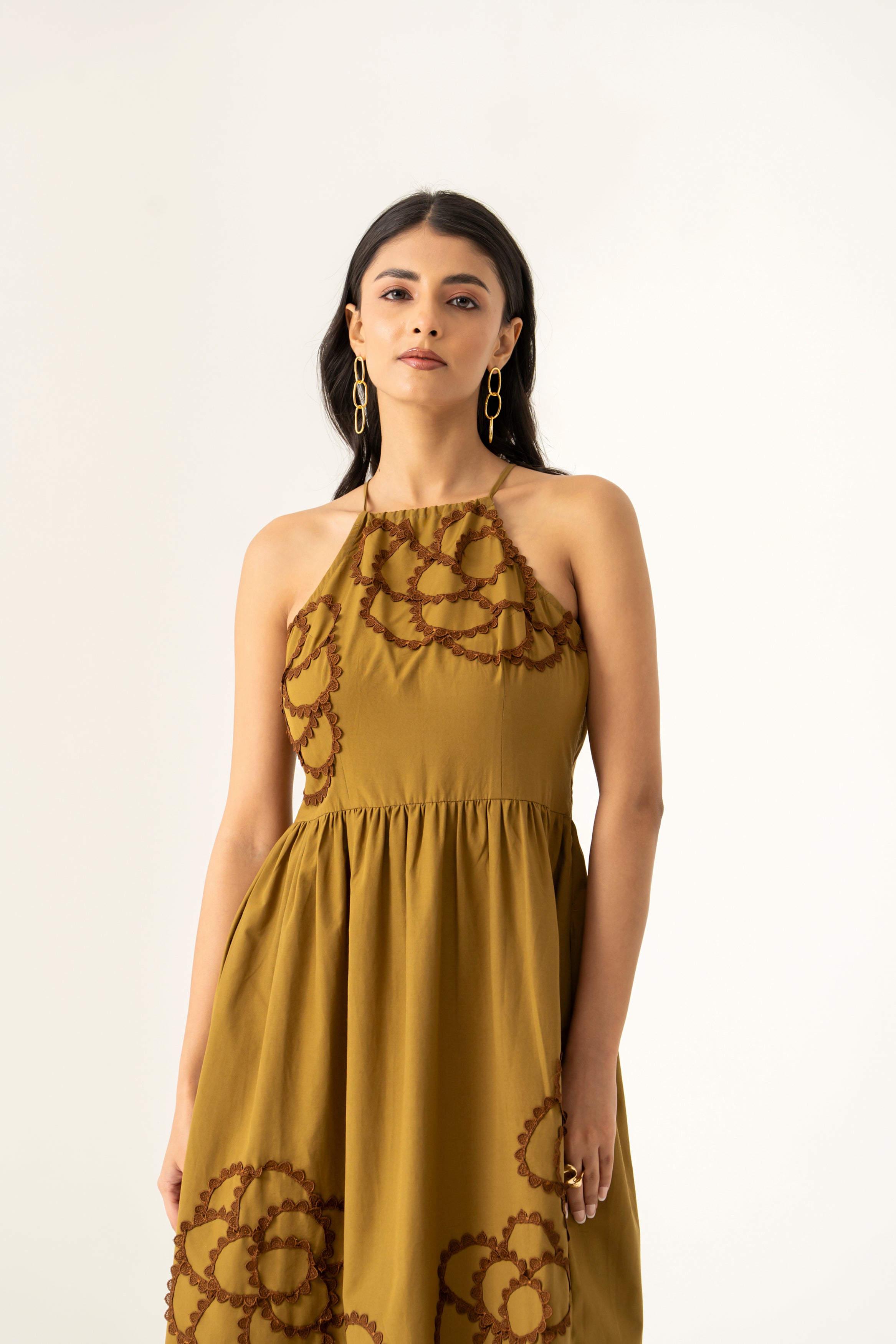 MILITARY GREEN LACE APPLIQUE DRESS